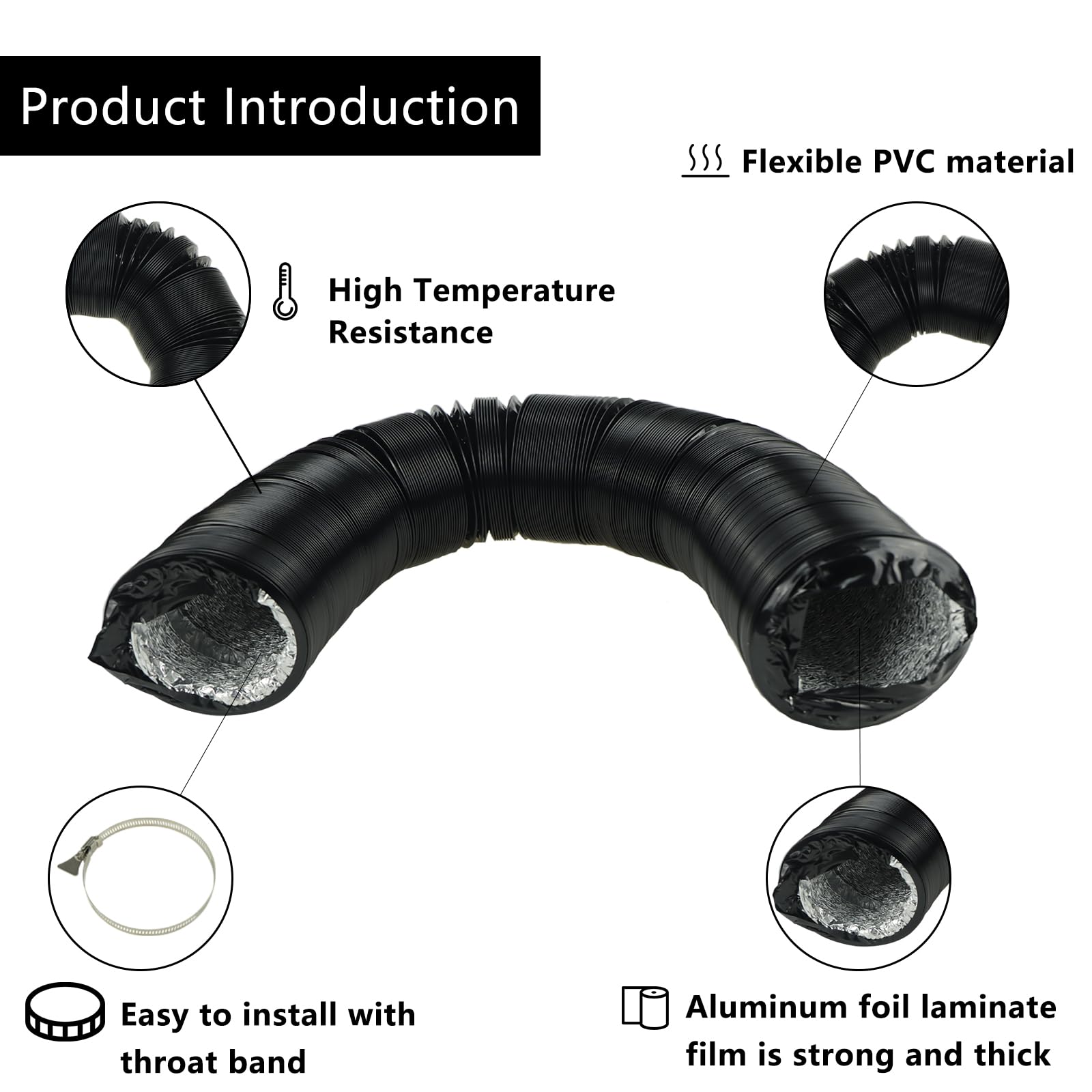 6 m Tubo Flexible de Salida de Aire Ø 100 mm Tubo Aire Flexible di Aluminio PVC para Extractor de Aire Climatización Secadora Conducto de Aire de Ventilación Sistemas con 2 Abrazaderas
