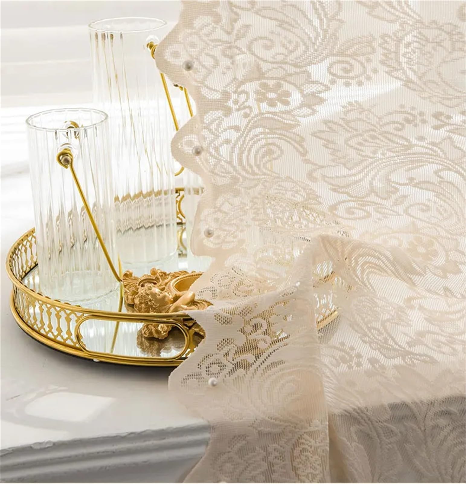 Rideaux dentelle perlée beige 140x183cm style princesse pour fenêtre de chambre