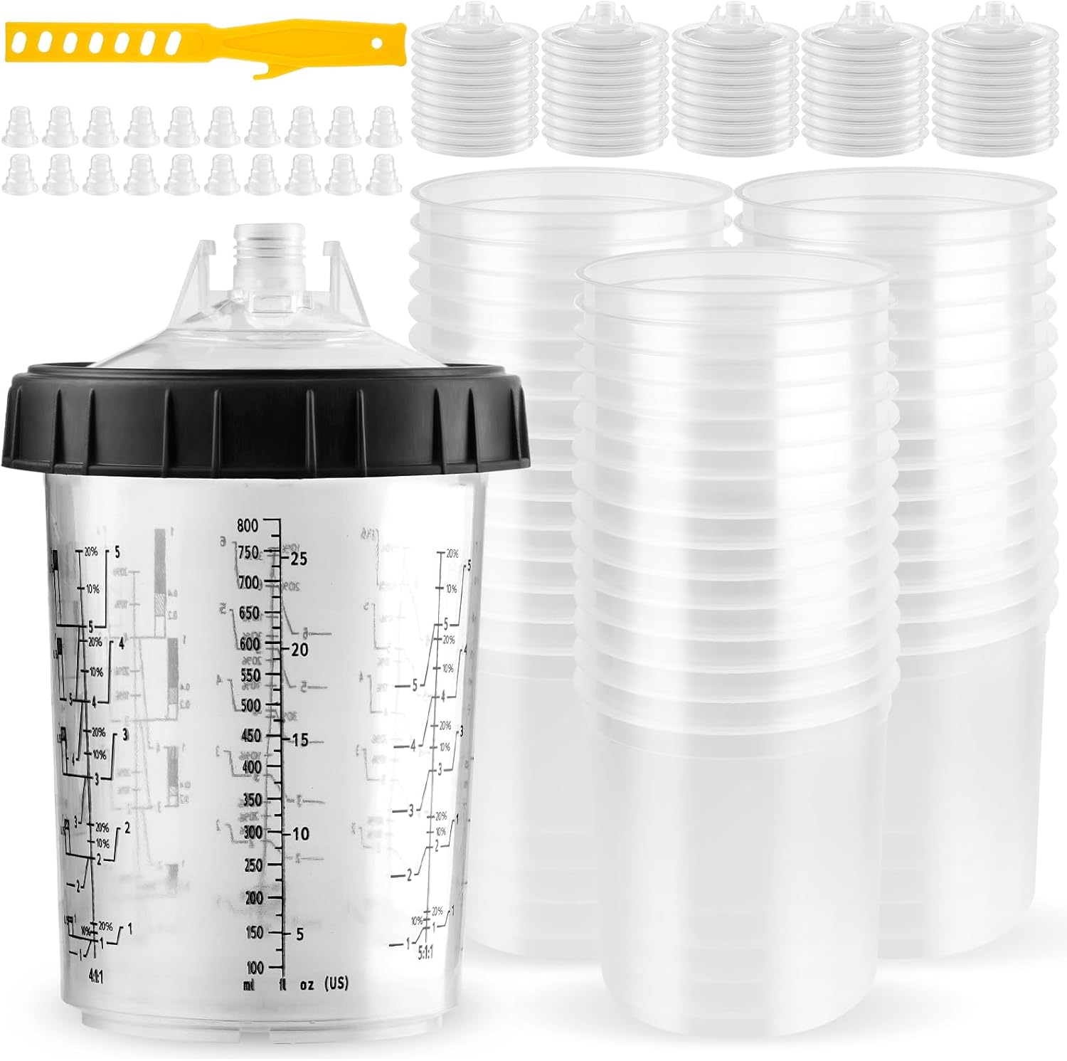 Disposable Paint Spray Gun Cups 28 Ounce(800ML)，45 Disposable Paint Cup with Lids, 1 Hard Cup with Retainer Ring, 20 Plugs & 1 Stirrer for HVLP/LVLP Guns