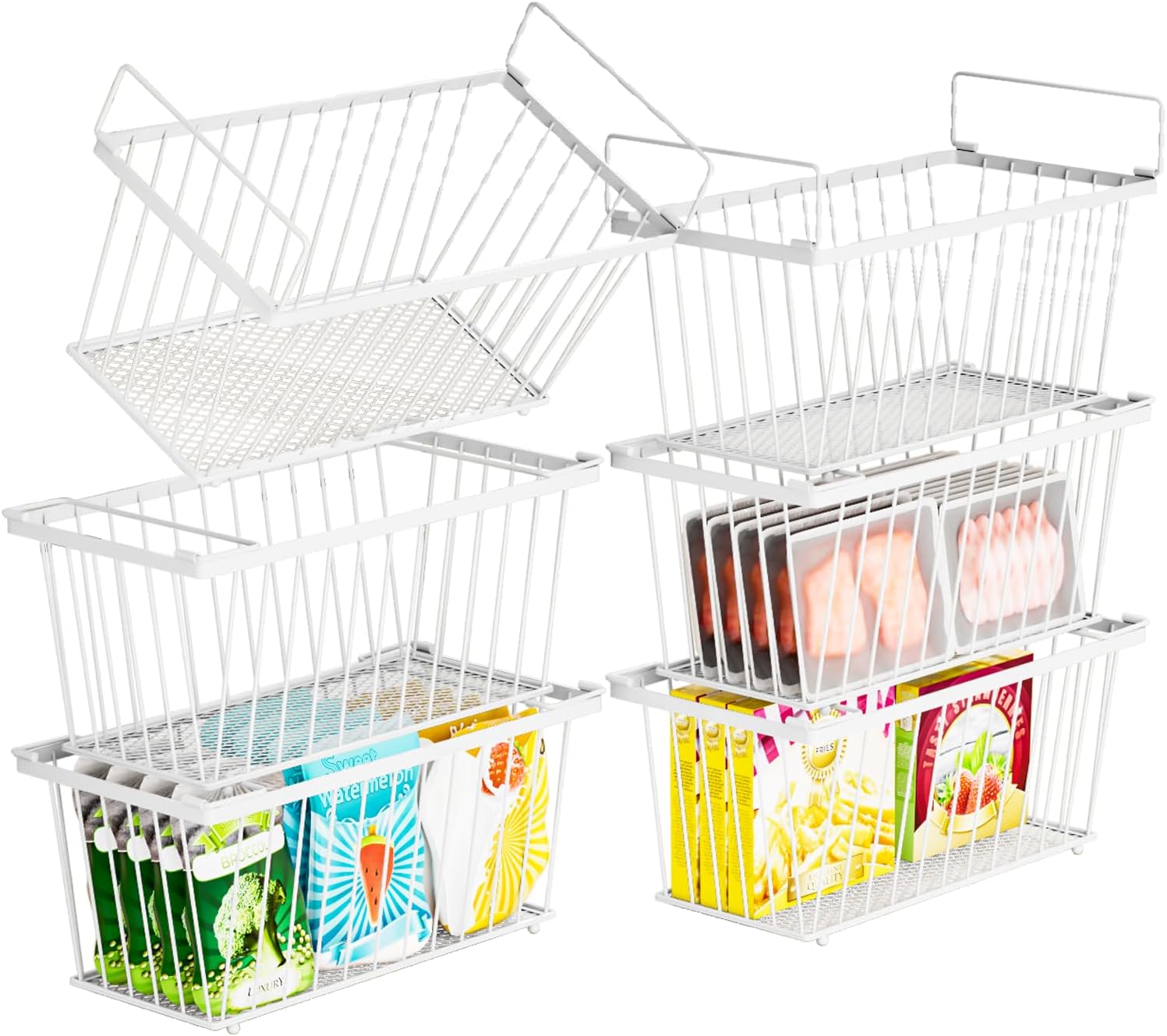 6 Pack Stackable Deep Freezer Organizer Bins ，Upgraded Bottom Leak-Proof net，Encryption and Hardening ， Freezer Organizer Bins for 5 to 9 Cu.FT Small Chest Freezer， Easy Get Bottom Foods