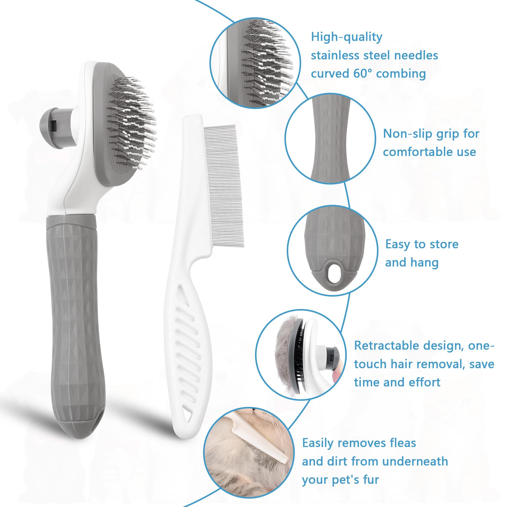Zssxysm 3 Pieces Cat Grooming Brush, Pet Flea Comb for Dog Self Cleaning Brush for Short & Long Hair - Image 3