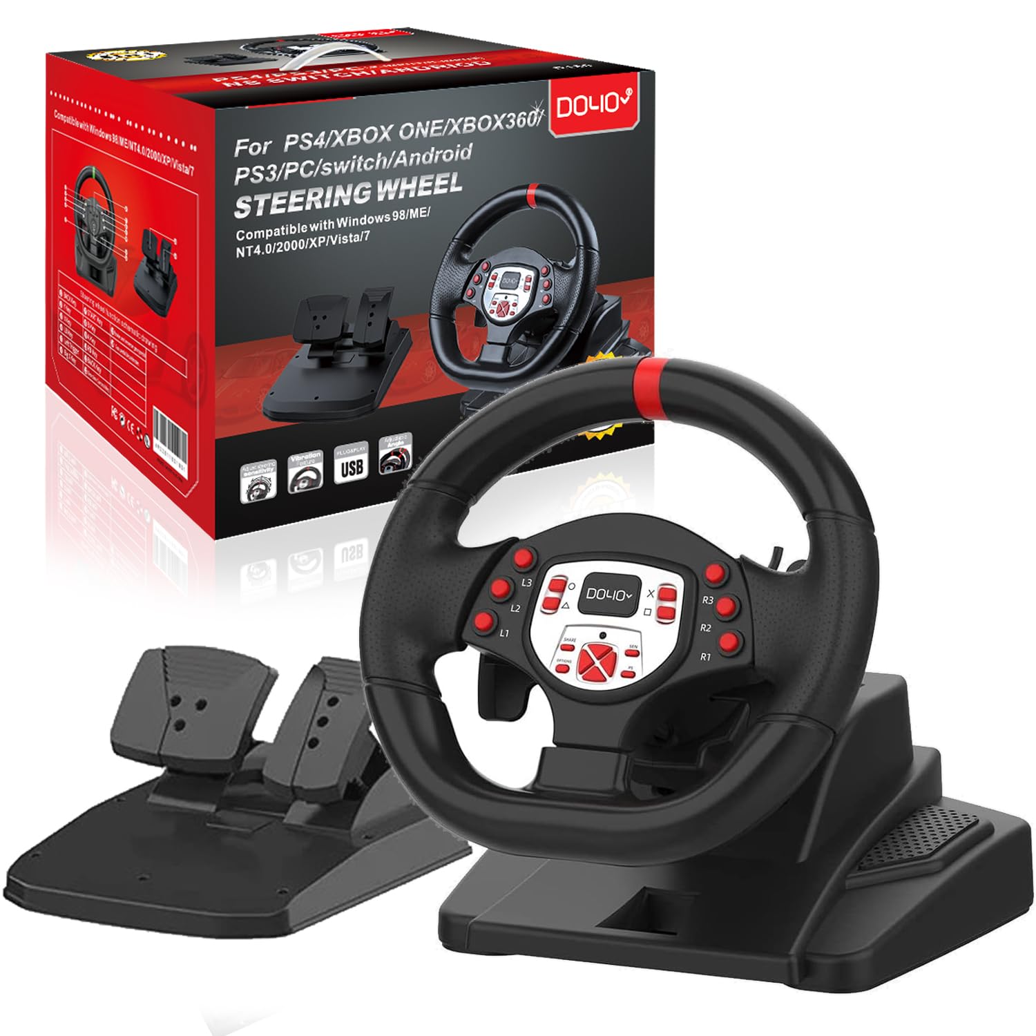 NBCP DOYO Gaming Lenkrad und Pedalen, USB 180-Grad-Lenkräder für PC, PS4, Xbox One, PS3, Xbox Series X/S, Switch, Doppelmotor-Vibration