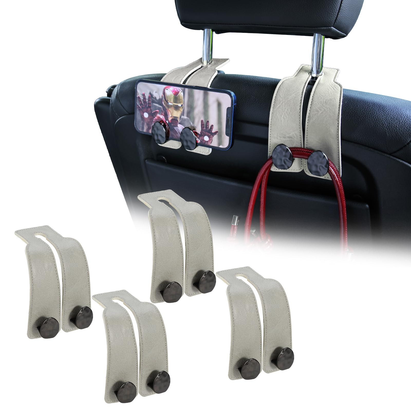 URIZZD 4 PCS Leather Car Seat Hooks for Headrest, Vehicle Hanger Storage Organizer Universal for Handbag Purse, Car Accessories Gift (Grey-Black-4 PCS