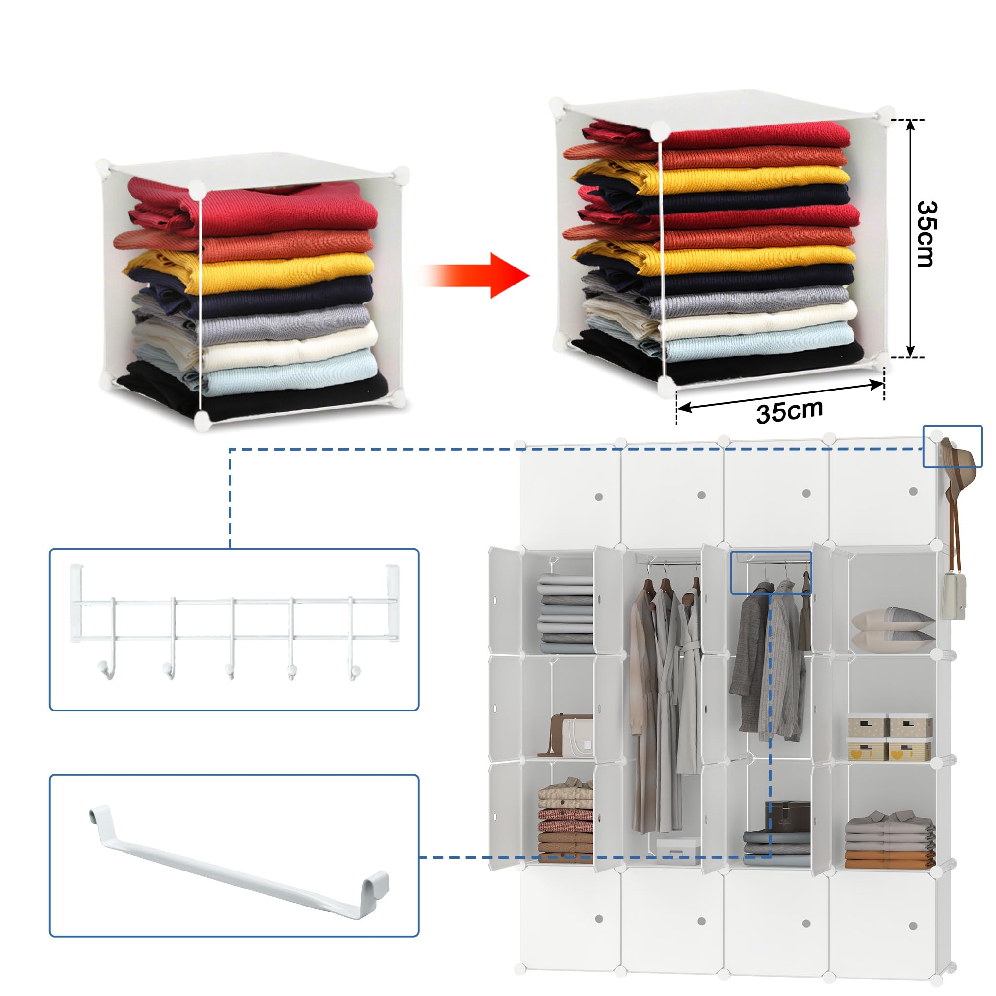 HENGMEI Kleiderschrank Würfelregal PP-Kunststoff Kleiderständer (20 Boxen, Weiß)