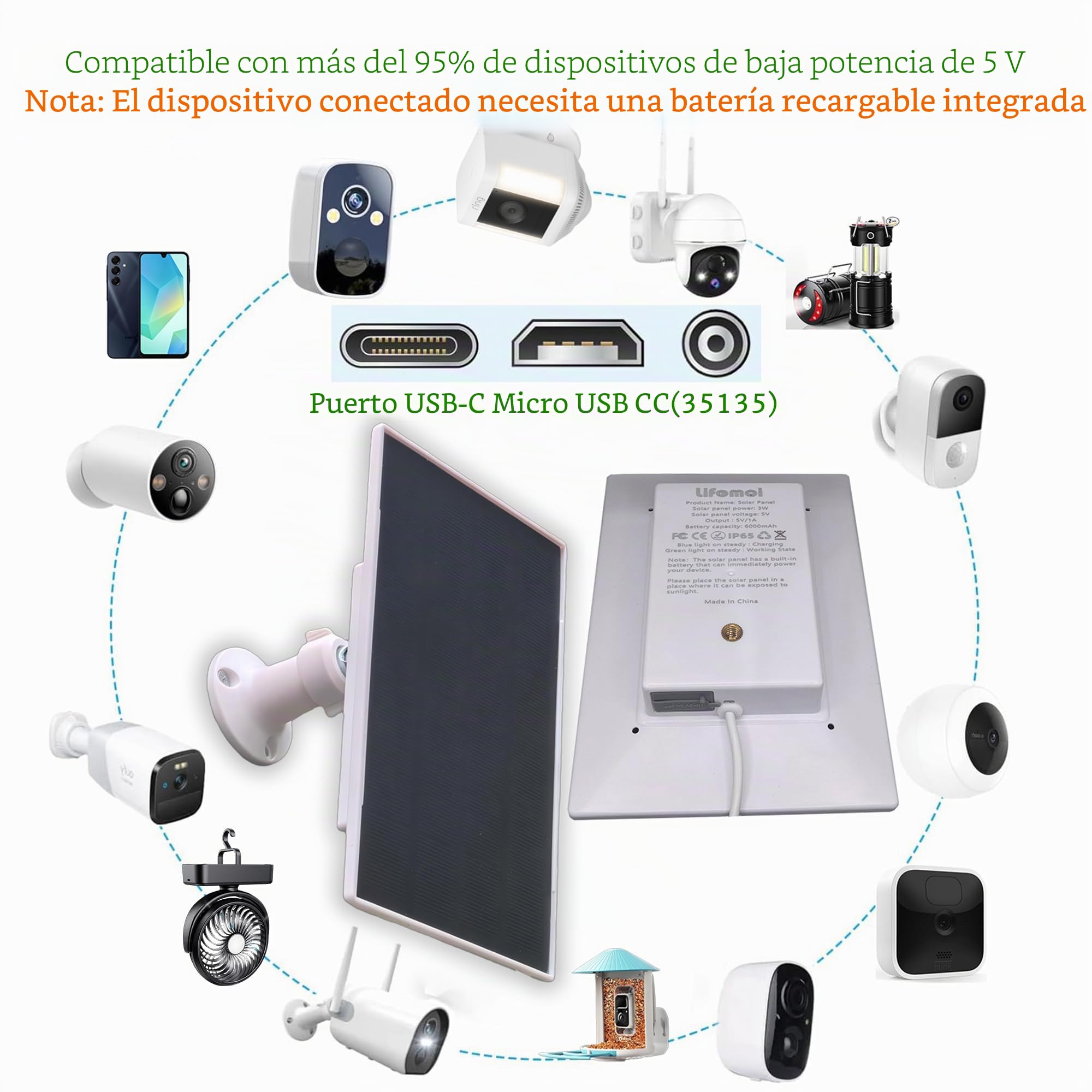 Panel solar de 3 W/5 V con batería incorporada de 6000 mAh, puertos DC/USB-C/Micro USB, carga múltiple de dispositivos, compatible con cámaras Ring, eufy, Reolink, Blink y otras, así como dispositivos