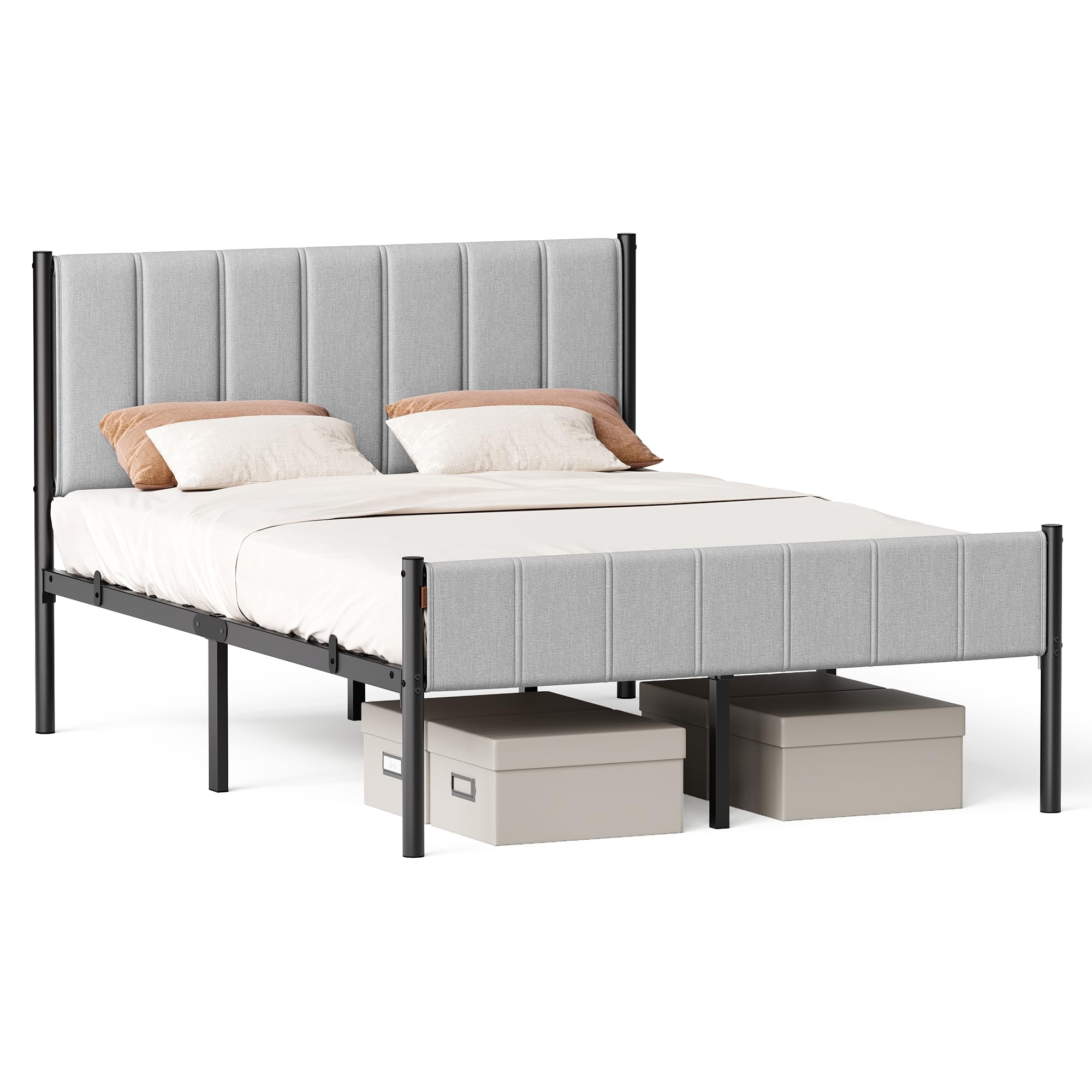 VASAGLE Doppelbettgestell, Bettgestell, 140 x 200 cm, mit gepolstertem Kopfteil, Bettrahmen, Stahl-Latten, trägt bis zu 500 kg, einfache Montage, Taubengrau RMB974G01