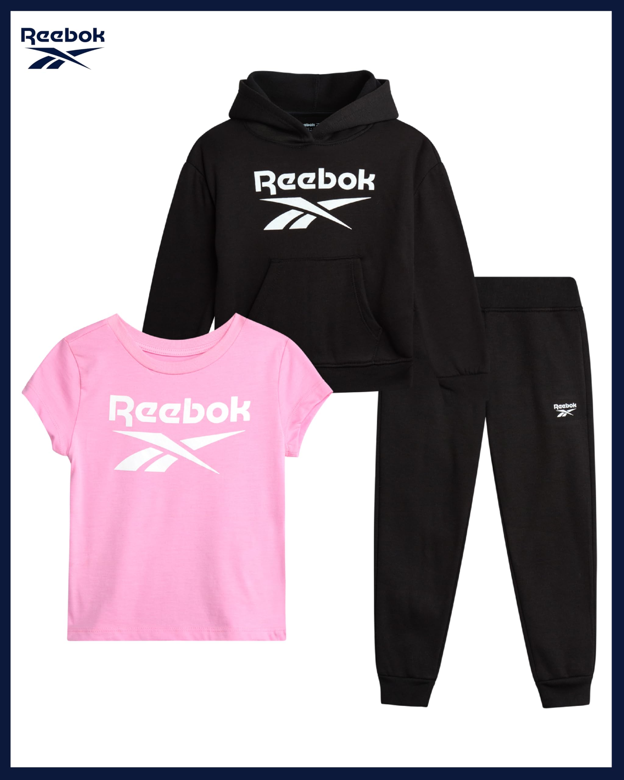 Reebok Sportbekleidungs-Set für Babys und Kleinkinder, 3-teiliges Set mit Kapuze und Sporthose für Mädchen