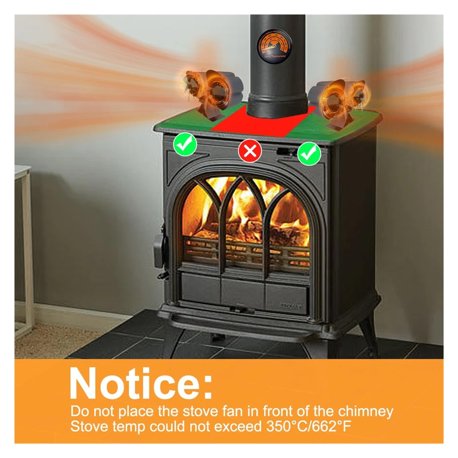 Ventilador Estufa Leña Ventilador De Estufa Leña, Motores Silenciosos Duales Alimentados Por Calor, 12 Aspas, For Hogar No Eléctrico Activado Con Soporte Y Termómetro