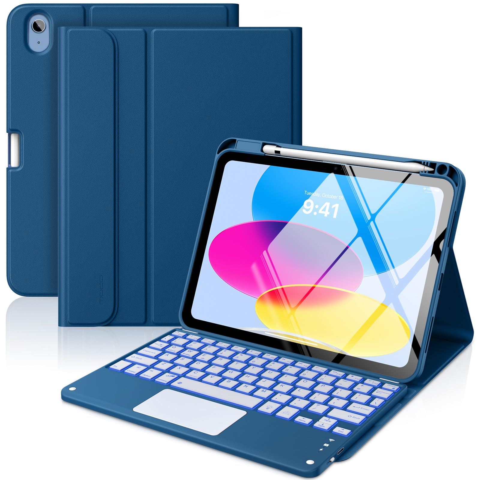 MoKo iPad 11th/10th Generation Case with Keyboard 2025/2024, 7 Colors Backlight and Multi-Touch Trackpad, Detachable Keyboard Folio Case Stand with Pencil Holder, Dark Navy Blue