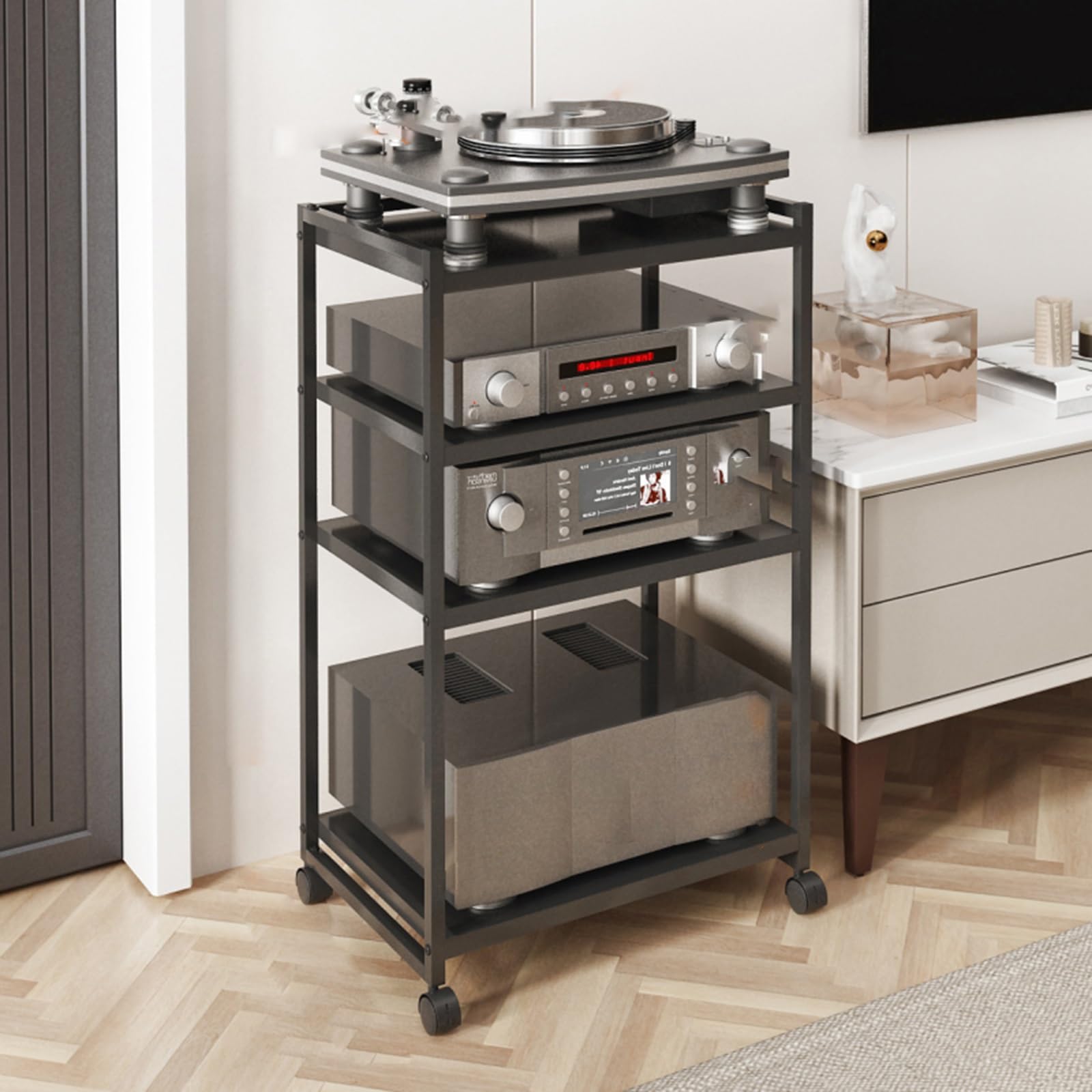 Meuble audio robuste pour lecteur de disques et support multimédia de salon