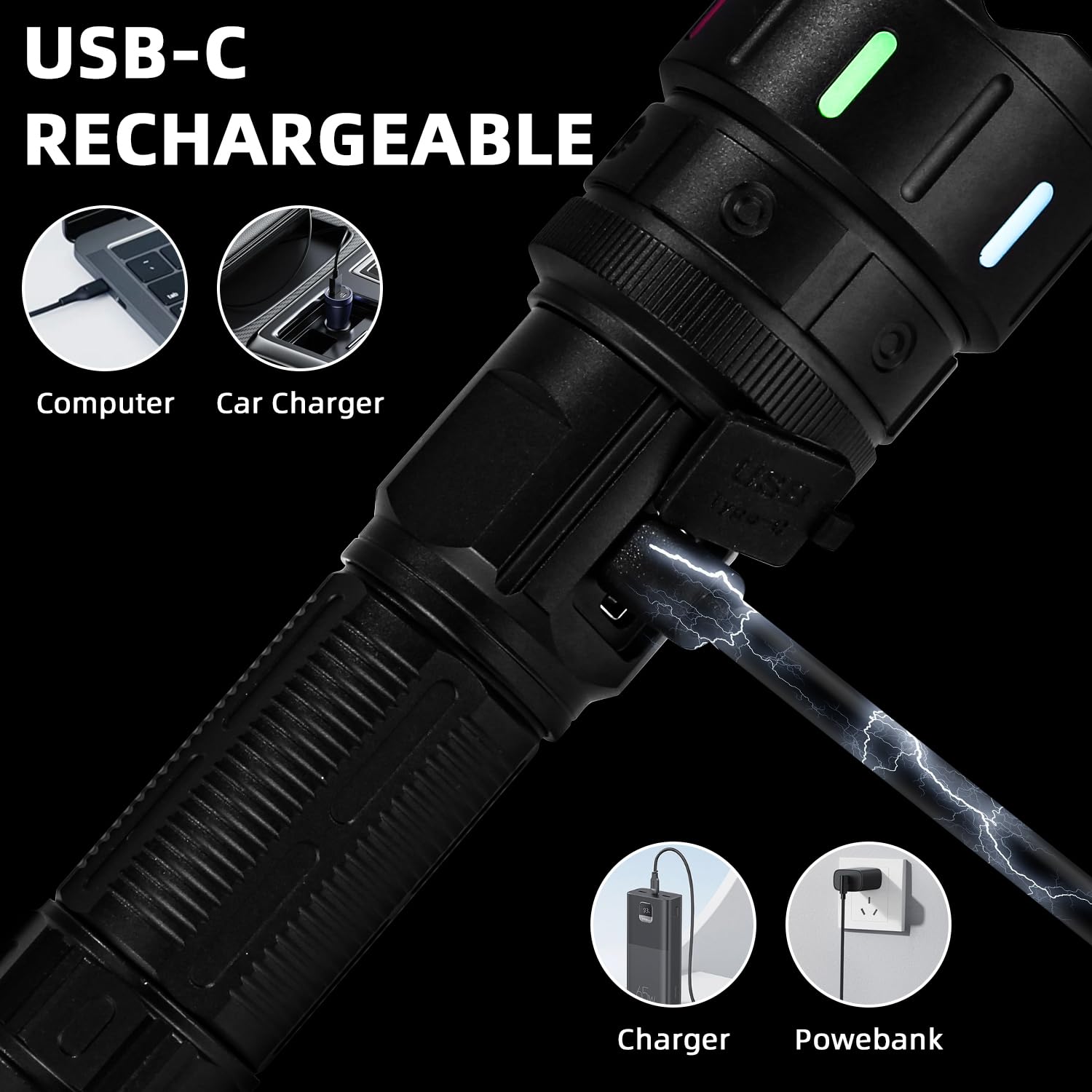 Azyvum Torcia LED Potente Professionale, 1200000 Lumens Torcia LED Ricaricabile USB, XHM90.2 Flashlight Tattica Militare, IP67 Torce Alta Potenza Ricaricabili Per Campeggio Trekking Emergenza