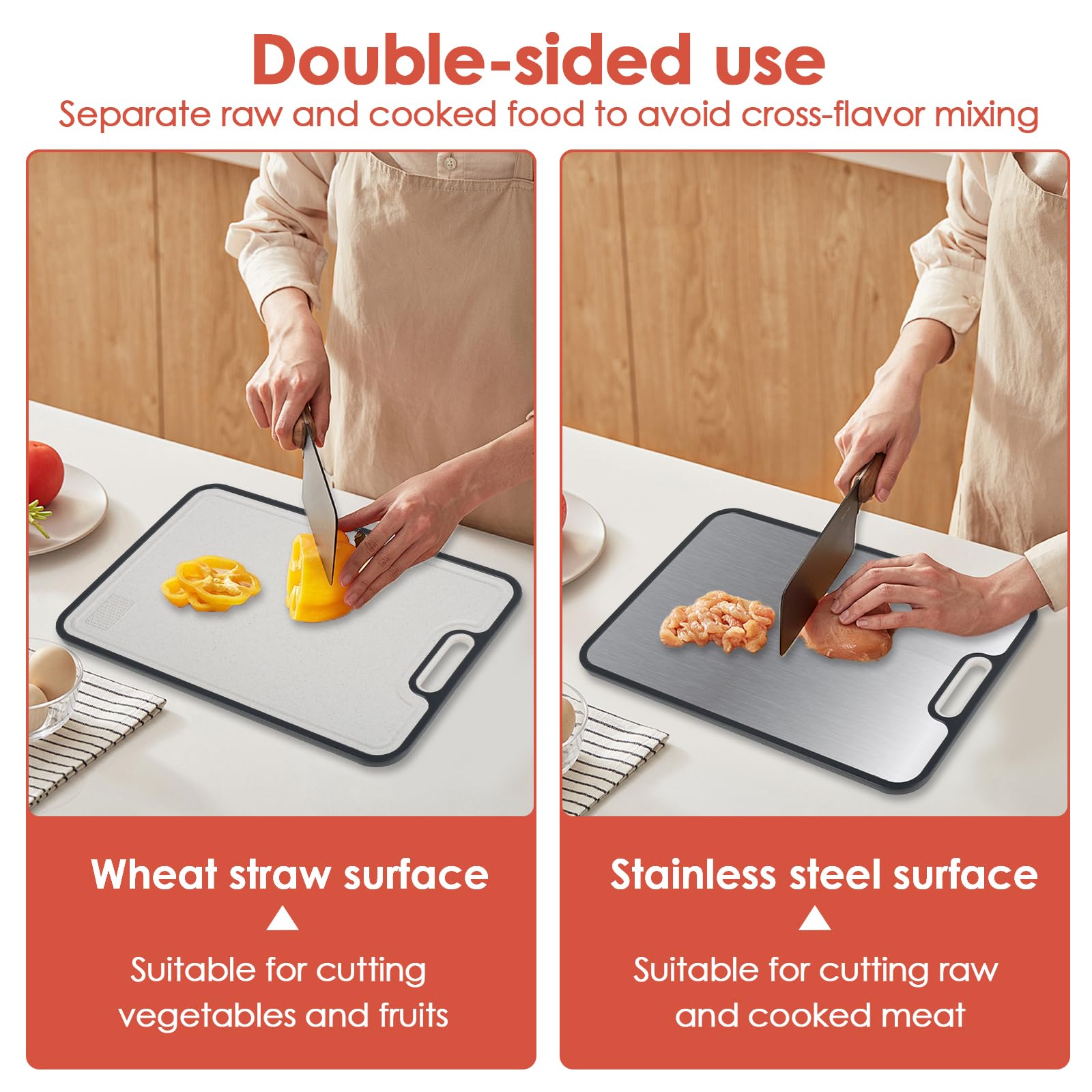 Tabla de cortar de doble cara, resistente de acero inoxidable y polipropileno, tabla de cortar con área de molienda, tabla de cortar carne, apta para lavavajillas para cortar carne cruda y cocida