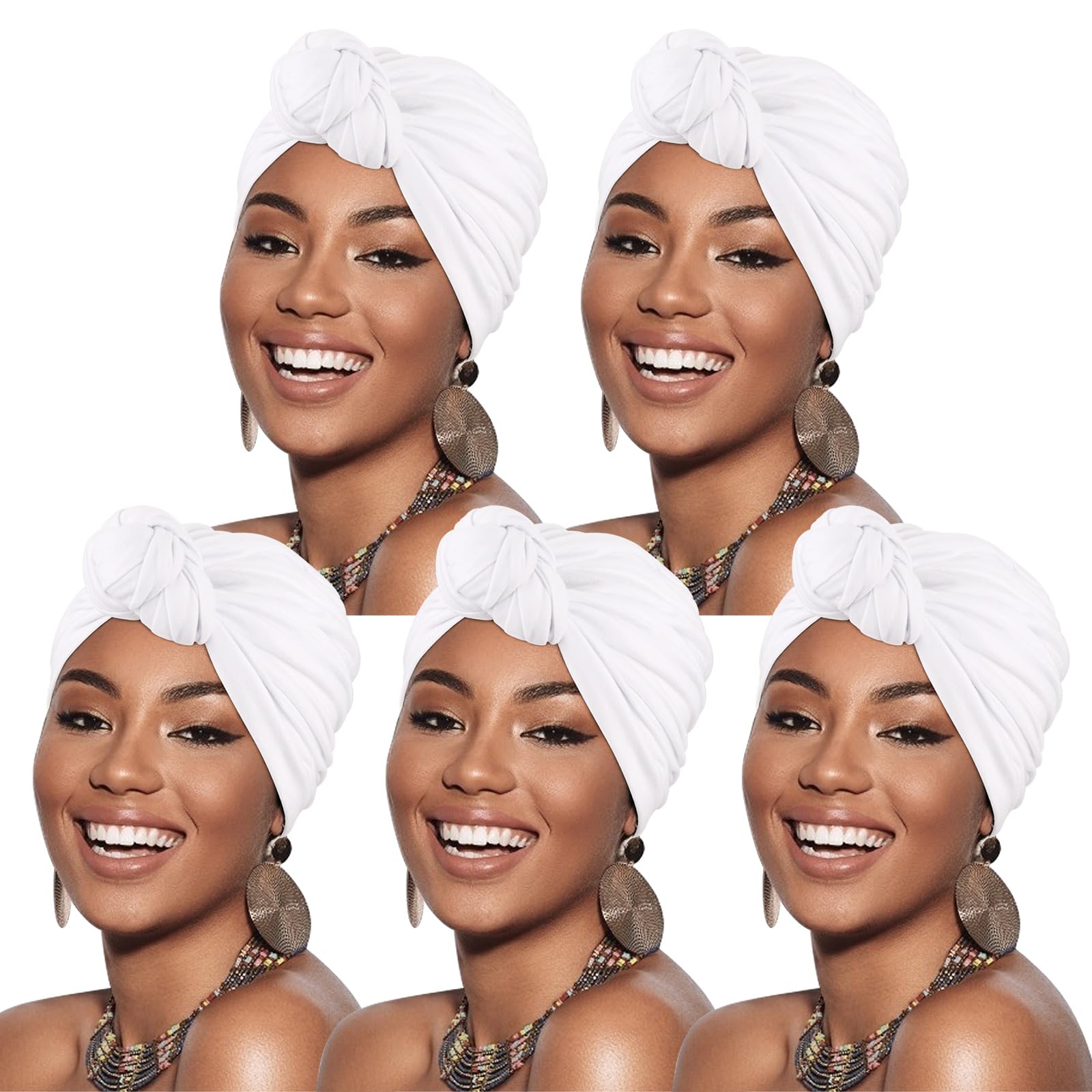 DRESHOW 5 Pack Knotted Headwraps for Women African Turban Pre-Knotted Beanie Headwraps Hair Covers