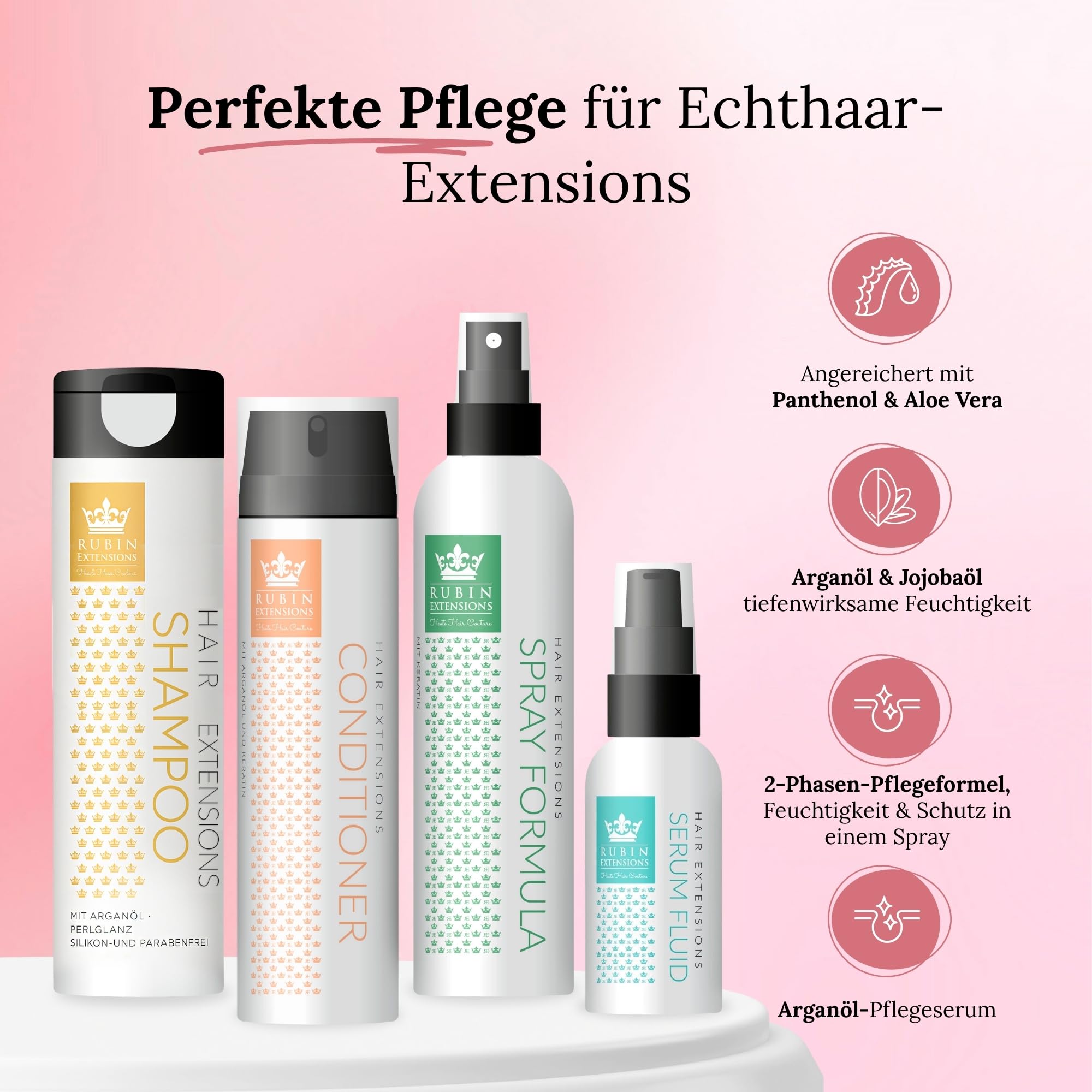 Rubin Extensions Komplett-Pflegeset – Conditioner 200 ml, Shampoo 250 ml, 2‑Phasen Spray 200 ml & Haarserum 50 ml – Extensions Pflege für Haarverlängerungen, Echthaar & Perücken – Sulfatfrei, Keratin