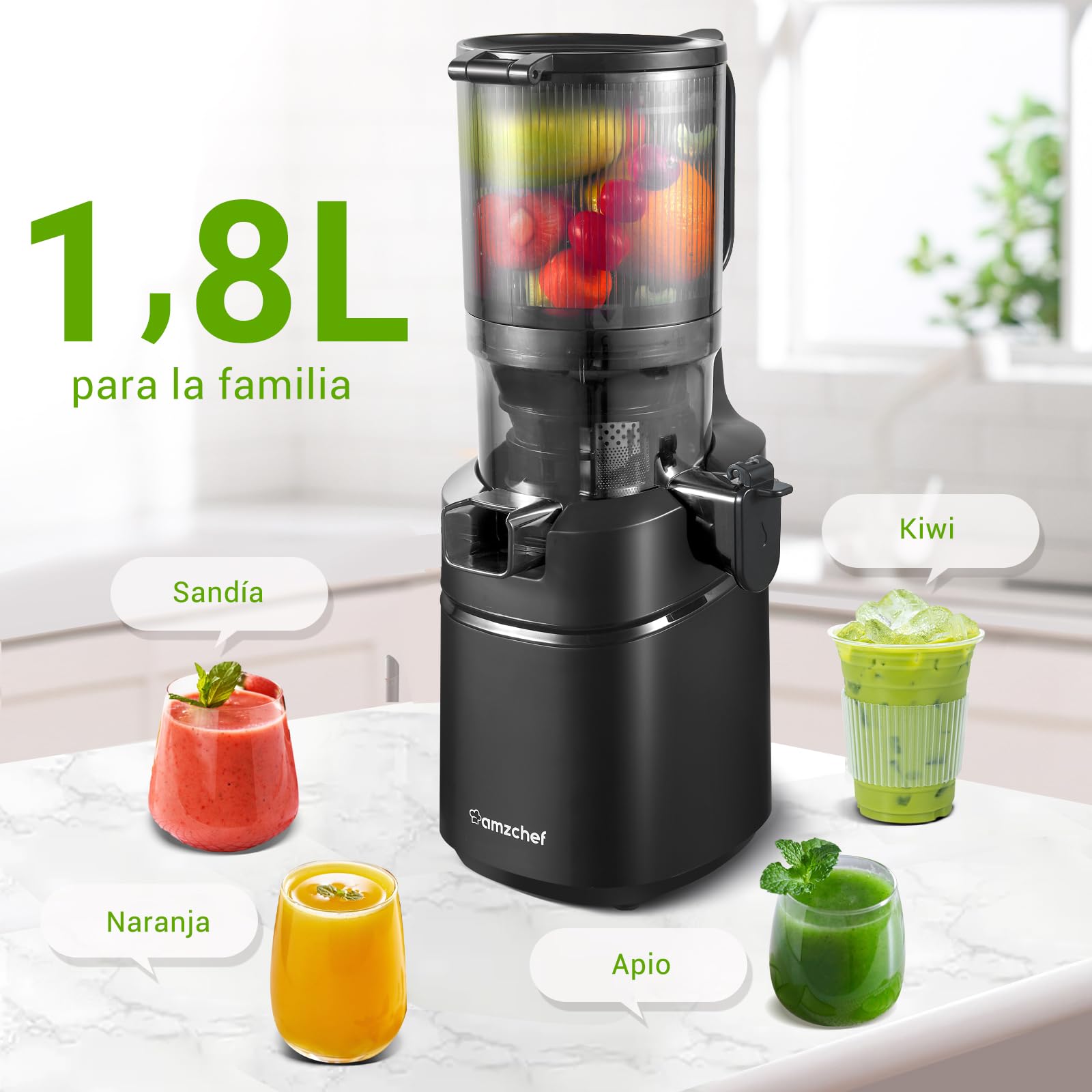 AMZCHEF Extractor de Zumos y Verduras Automático, 135MM Apertura y 1.8L Capacidad Licuadora para Verduras y Frutas Entera, 250W Licuadora Prensado en Frio Lento con Triple Filtro - Negro