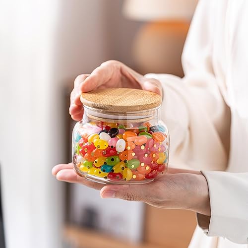 Miniatura 4 de KEKEHOME Plato de cristal para dulces con tapa de bambú, pequeño tarro decorativo para galletas, contenedor de almacenamiento transparente para el