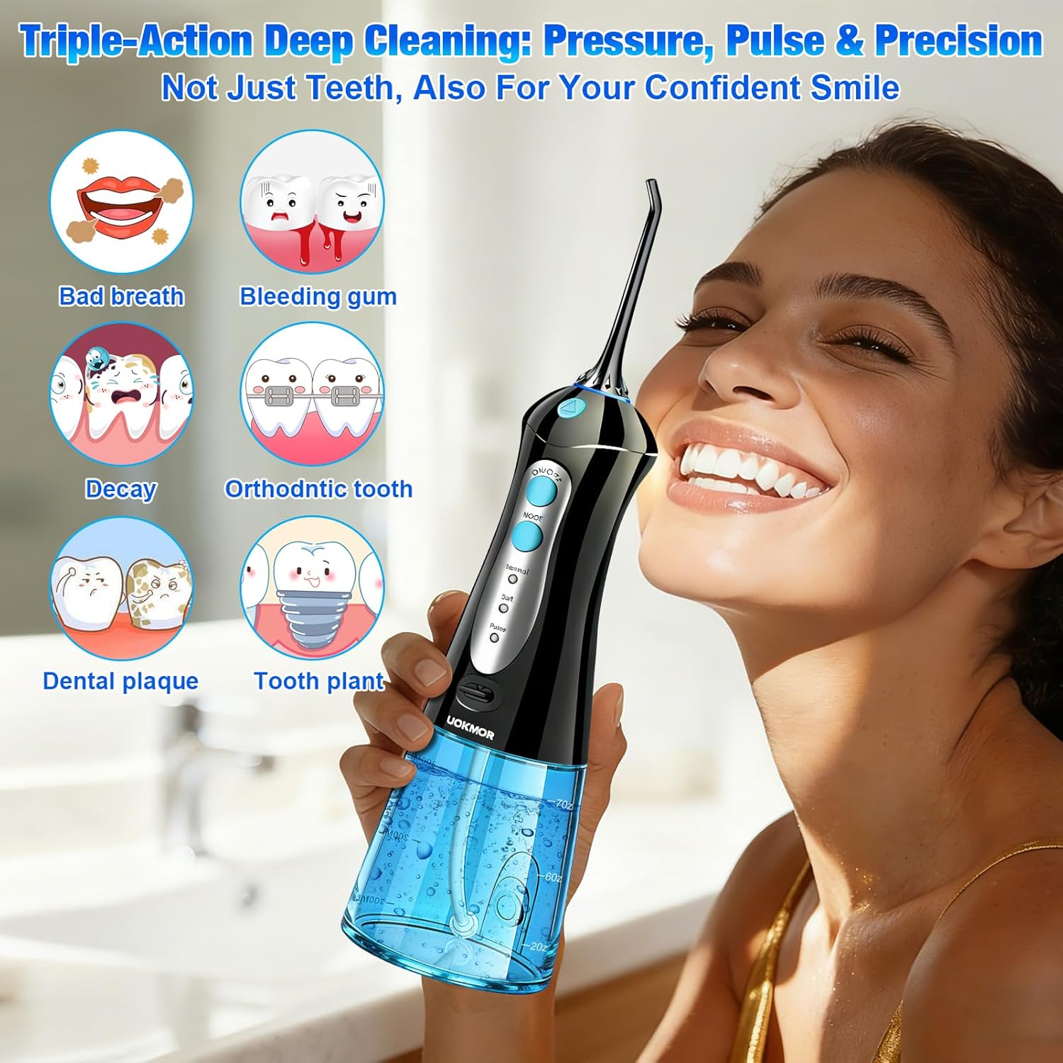 Water Dental Flosser Pick for Teeth: Cleaning and Flossing with 3 Mode from 30-100 Psi, Ipx7 Waterproof Portable Rechargeable Cordless Oral Irrigator for Adults Braces and Dental Care Home Travel