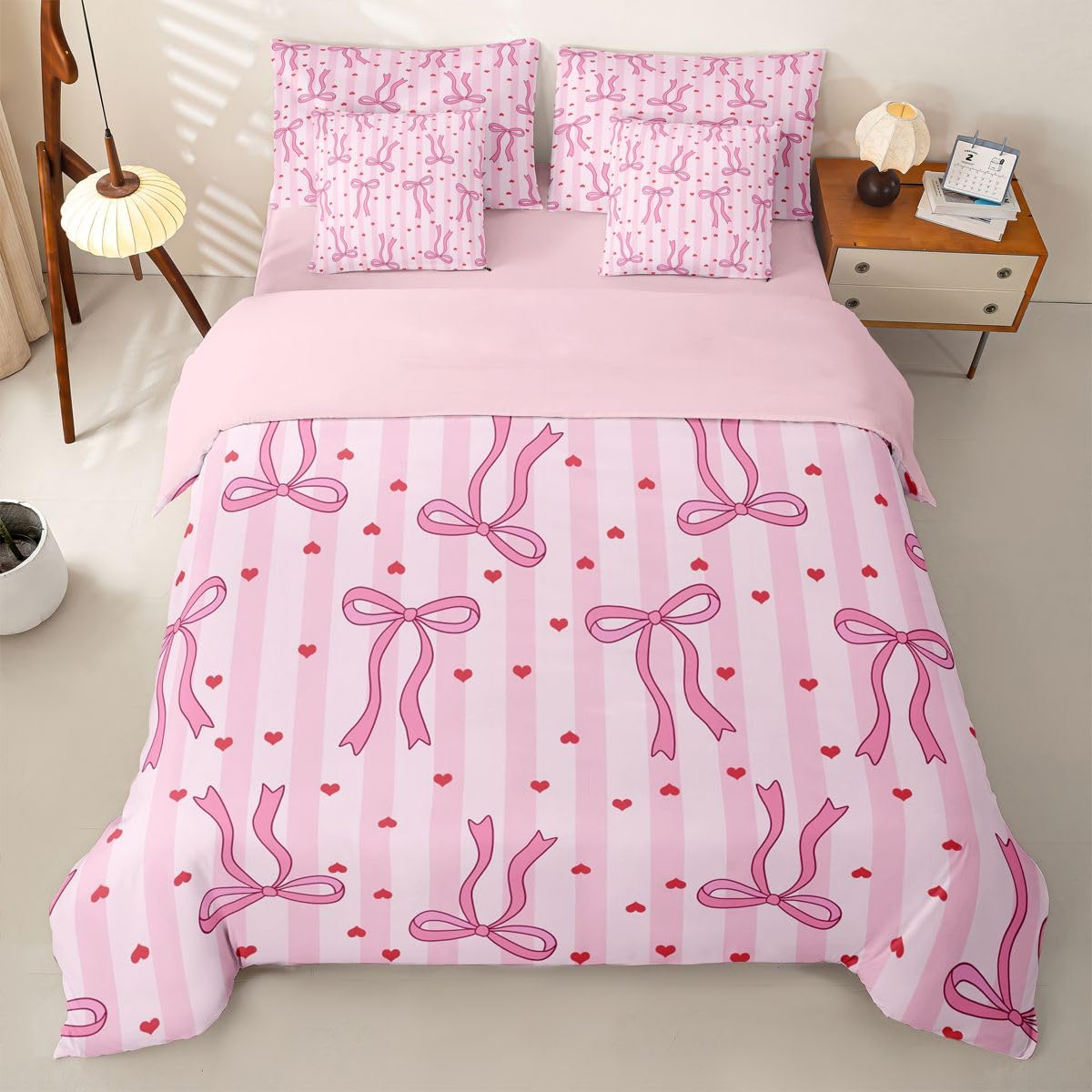 Loussiesd Copripiumino con lenzuola, 7 pezzi, per letto singolo, con grazioso fiocco kawaii, cuori, letto in una borsa, per bambini, ragazzi e ragazze, set di biancheria da letto a righe geometriche