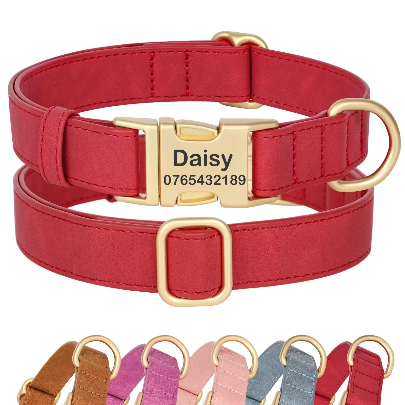 SEOUGEE Personalised Dog Collar with Engraved ID Name and Number, Custom Soft PU Leather Dog Collars, Adjustable & Durable Pet Collars with Quick Release Metal Buckle for Medium Dogs (M, Red 32-52cm)