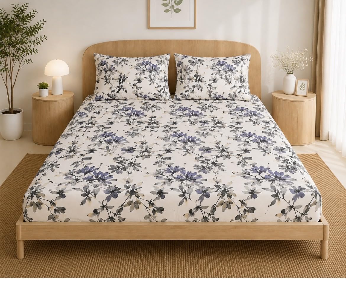 300 TC Super King Size Fitted Bedsheet | Elastic Cotton Printed Bedsheet for King Size Bed | 84x78 Inches | Soft & Comfortable Bed Cover with 2 Pillow Covers (jhad)-image-15