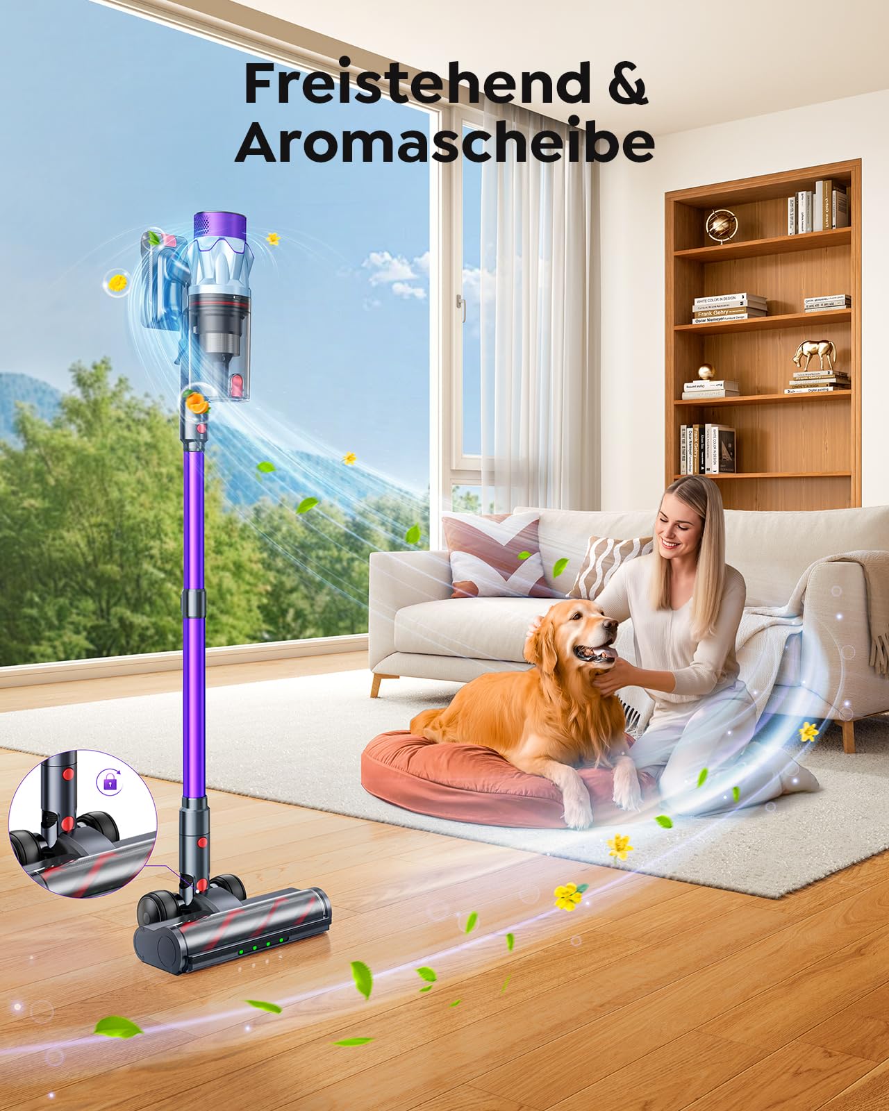 Akku Staubsauger 600W/50kPa/65Min, Staubsauger Kabellos mit 1M Schlauch, Aromatherapie, Wandladestation, Staubbehälter-Schaber(1,5L), Automatikmodus, für Tierhaare Teppiche Hartböden Auto