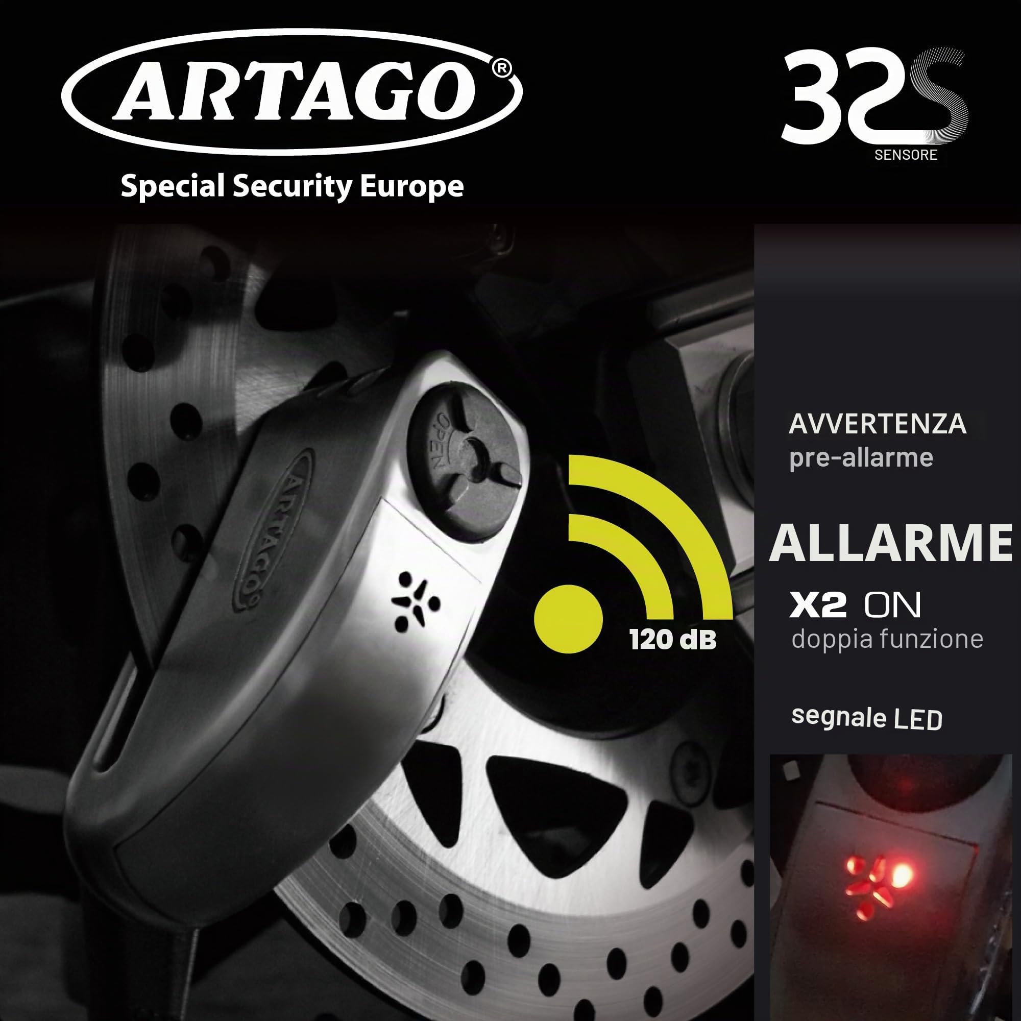 Artago 32S2 Pack Antifurto Bloccadisco con Allarme 120db Alta Sicurezza + Supporto per Yamaha MT-07 e Tracer 700, Omologato SRA