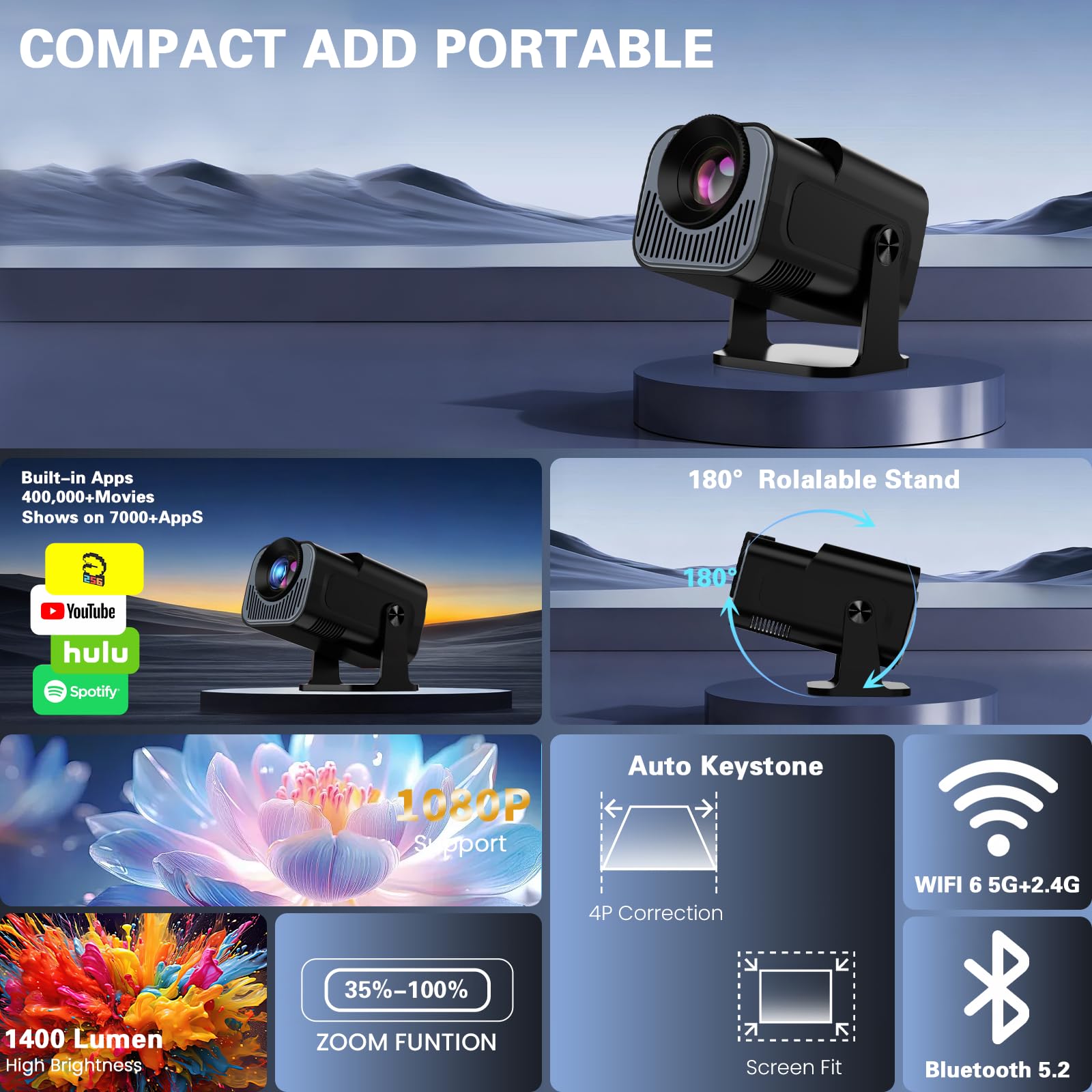 [App intégrée] Vidéoprojecteur 4K 1080P, Mini Projecteur Portable WiFi 6 BT 5.4, Projecteur Full HD 1080P Compatible Con HDMI/TV Stick/Ordinateur Portable, Noir