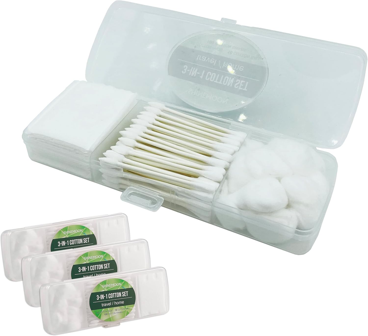 Travel Portable Cotton Swabs Set:100 Cotton Swabs, 10 Cotton Pads, 10 Cotton Balls in Reusable Storage Box for Ear, Cosmetics, Makeup Remover,Nail Polish Remover(Pack of 3)
