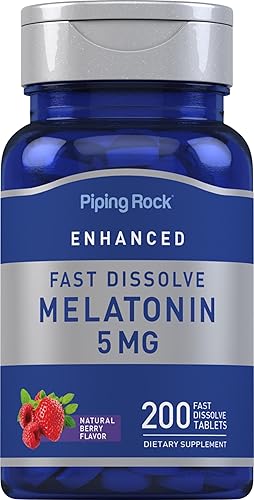 Piping Rock Melatonina 5mg | 200 tabletas de disolución rápida | Sabor a bayas | Suplemento para adultos | Vegetariano, sin OMG, fórmula sin gluten