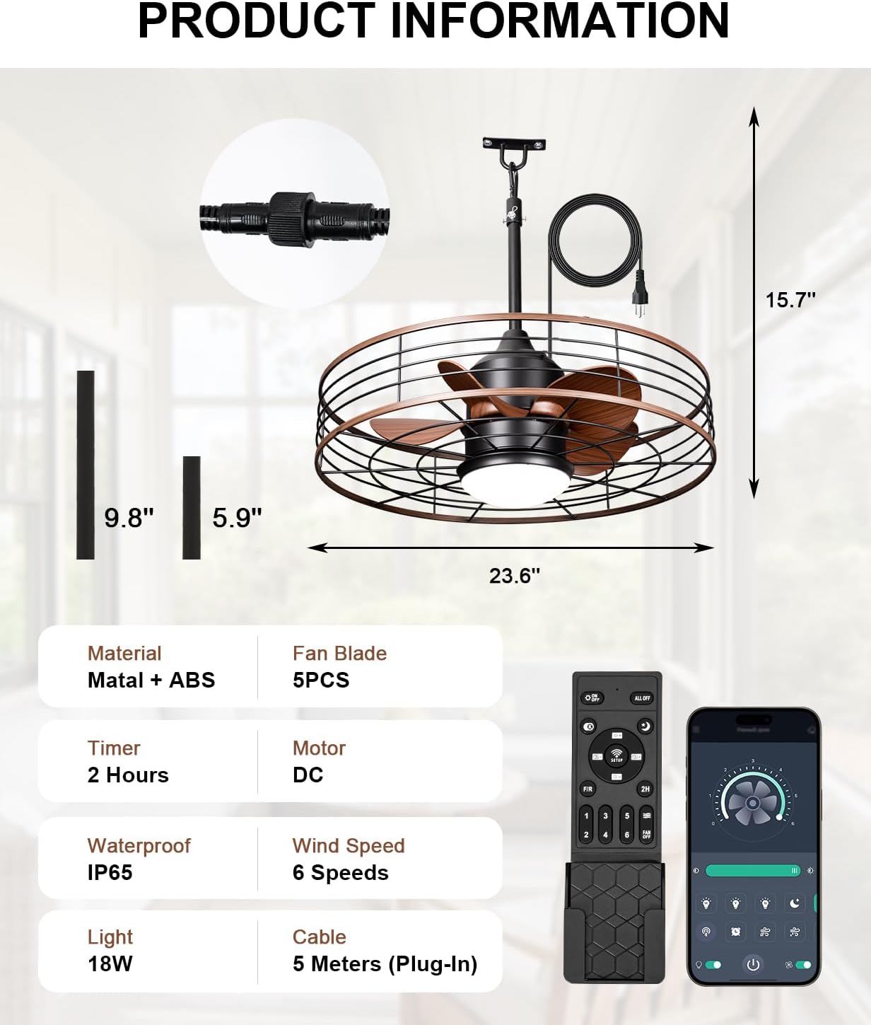24 Inch Outdoor Waterproof Caged Ceiling Fan with 3 Color LED Light, App/Remote Control, Quiet DC Motor, Plug-in Cord Hook Installation,Gazebo Ceiling Fan with Light for Patios, Pergola, Canopy