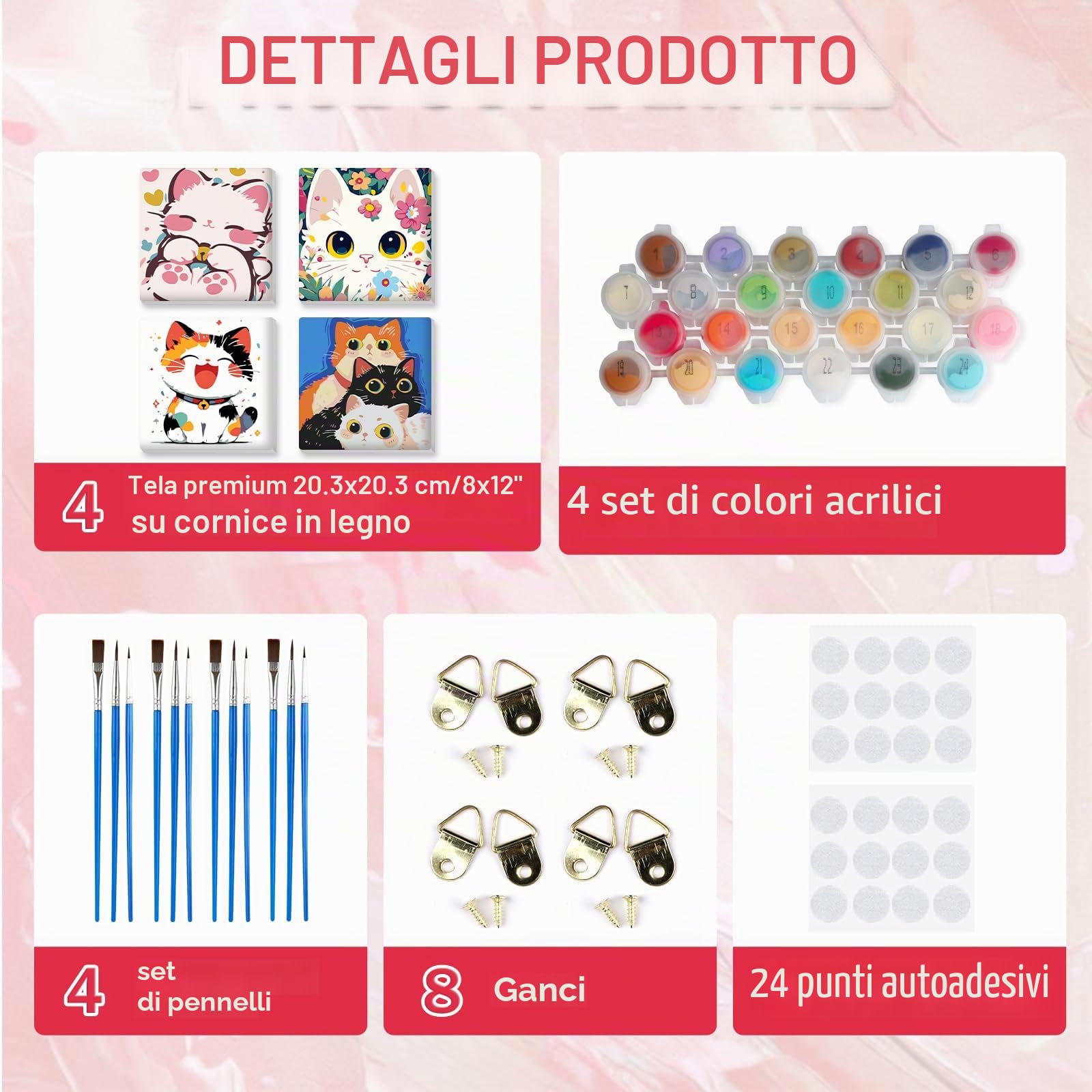 EOBROMD 4 Pezzi Dipingere con i Numeri Adulti Bambini Gatto, Cartoon Paint by Numbers Kits, Tela Senza Rughe con Pittura con i Numeri, Tra Cui Cornice in Legno, Decorazione Domestica 20x20cm