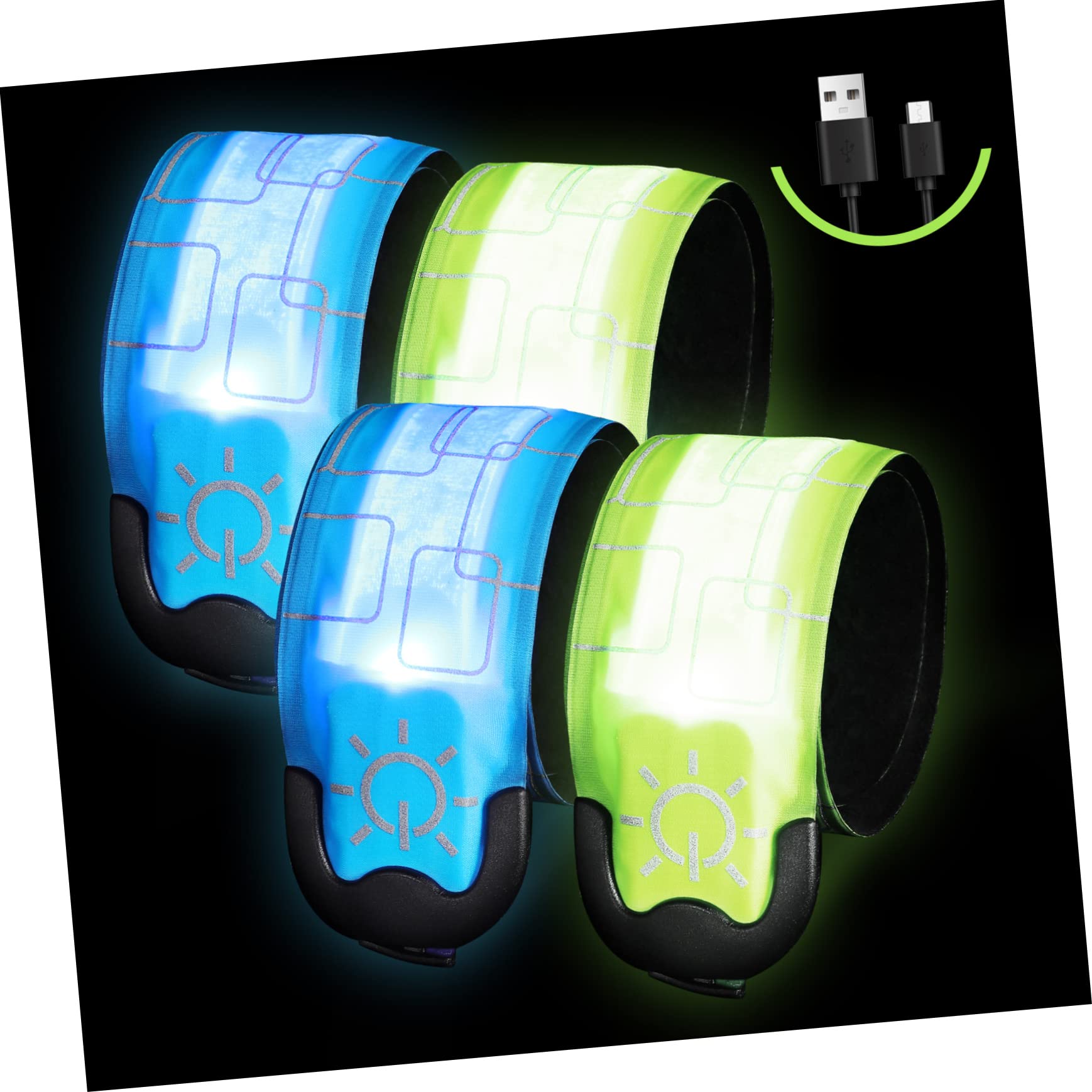 Kisangel 4 Pièces Bracelets LED Réfléchissants Rechargeables de Slap Armbands Verts pour Course Cyclisme Activités de Plein Air