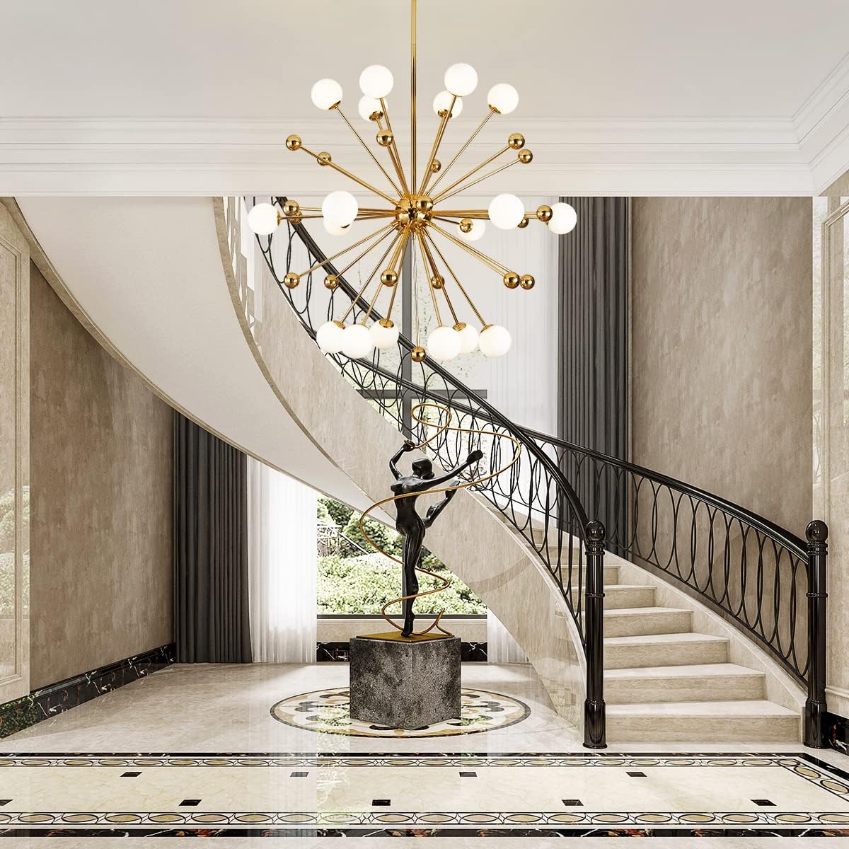 BOKT Modern Globe Chandelier, 18-Lights Flush Mount Sputnik Chandelier with Gold Metal, White Glass Ball, Adjustable Height for Dining Room, Living Room, Bedroom