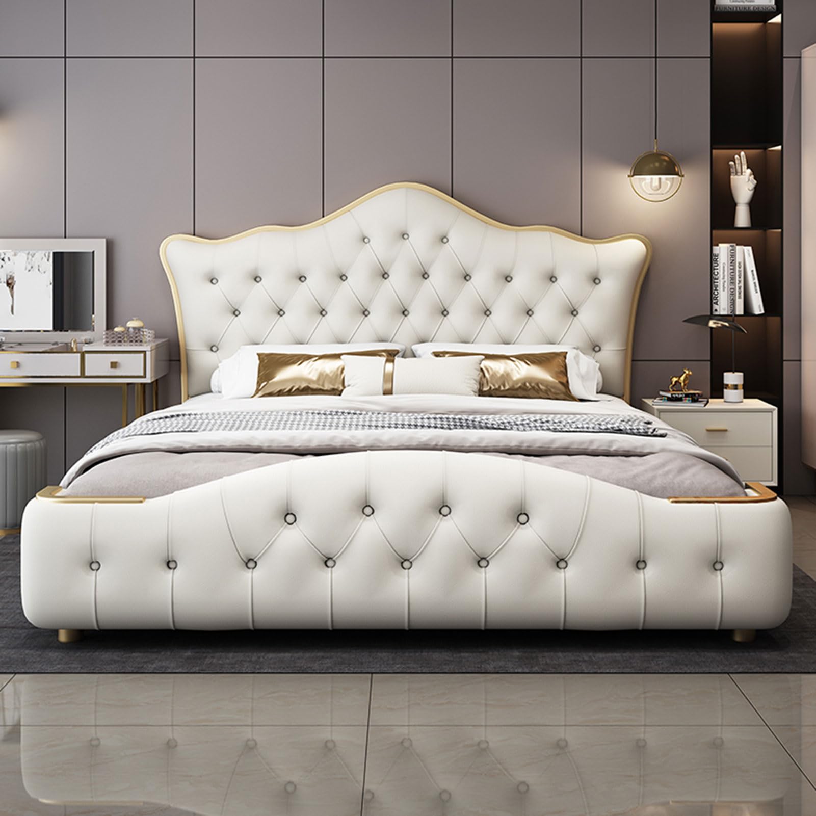 King Size Luxury Genuine Leather Bed Upholstered Platform Bed Frame with Headboard and Drawers Wooden Slats Support No