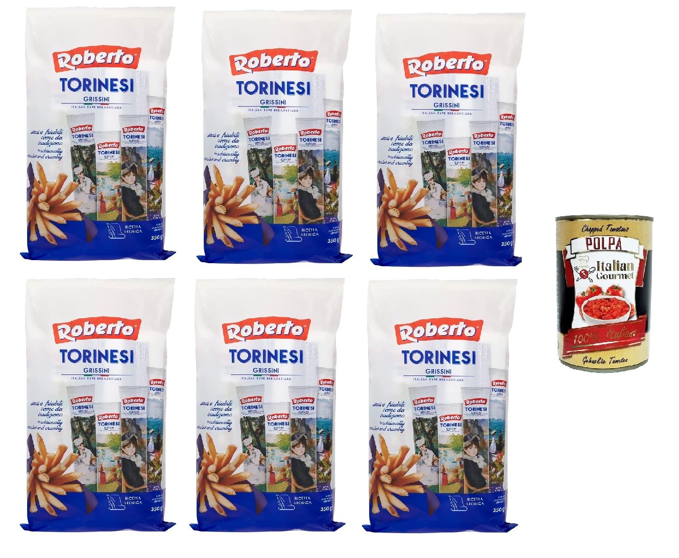 Italian Gourmet Bundle Grissini Torinesi 6x 350g + Italian Gourmet Polpa Gratis – Italienische Brotstangen, knusprige Grissini, Snackgebäck für Antipasti, Aperitif, Käse, Schinken, Suppen, Salate