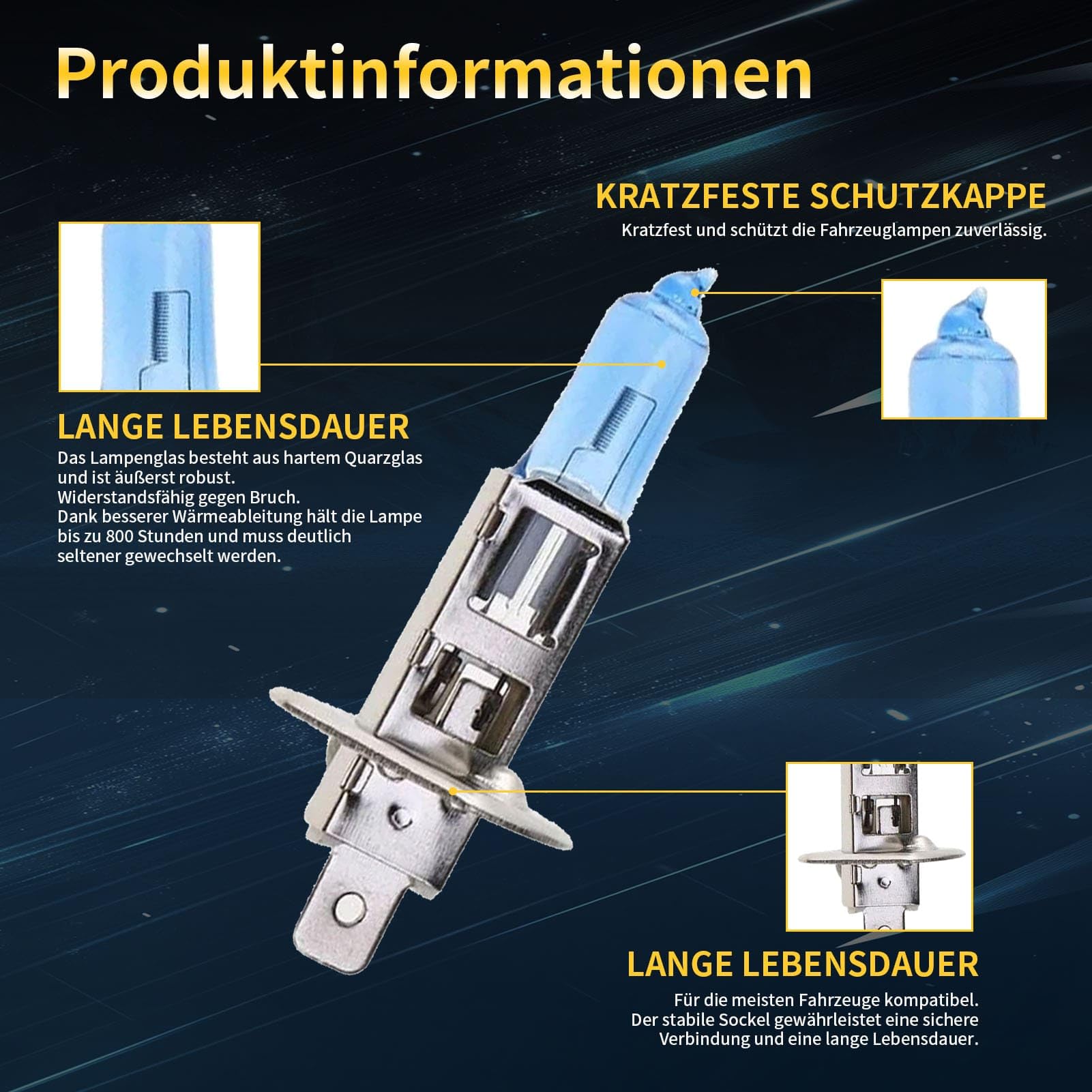 H1 Halogen Auto Lampe 12V 60W – Extra Hell & Ultra Langlebig – 6000K Weißlicht für Klarere Nachtsicht – Stoßfest, Plug-&-Play H1 Scheinwerfer für Abblendlicht & Fernlicht (2 Stück)