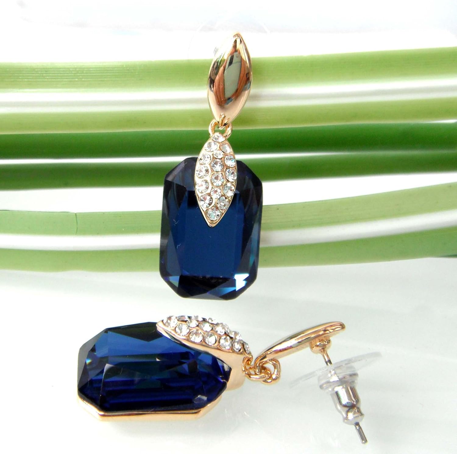 Navachi 18k Gold Plated Spindle Shape Metal White Crystal Square Zircon Dangle Stud Earrings - Image 4