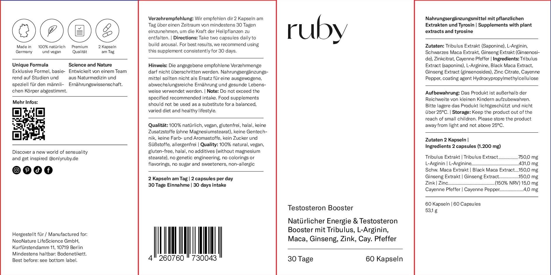 ruby für ihn - Maca-Komplex - mit hochdosiertem Tribulus Terrestris, Maca, Zink & L-Arginin - Pflanzenextrakt - 60 Stück – Vegan