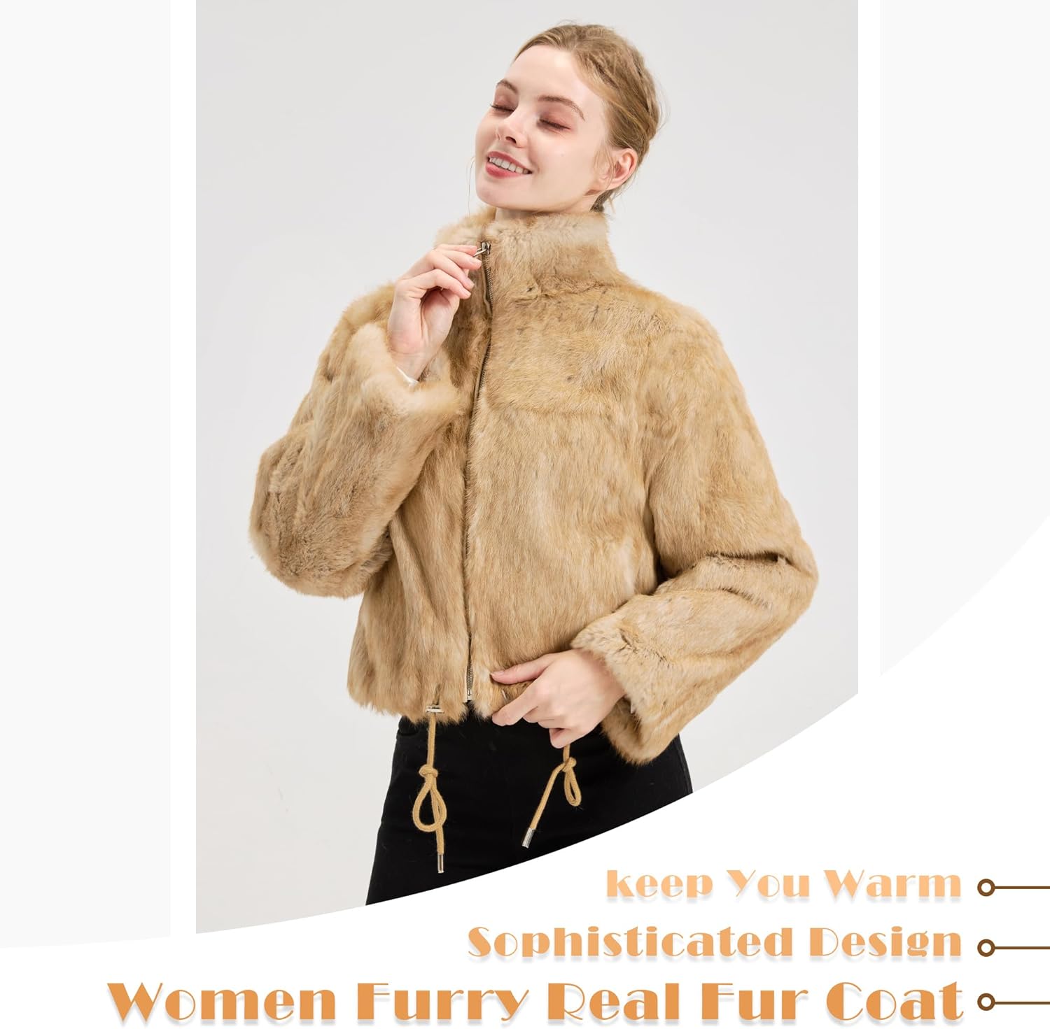 Women Real Fur Coat Rabbit Fur Jacket with Stand-and-Fall Collar Winter Overcoat Fashion Casual Short Outerwear