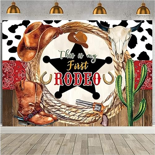 This is My First Rodeo - Fondo de cumpleaños de vaquero occidental, estampado de vaca, sombrero de madera rústica del salvaje oeste, decoración de