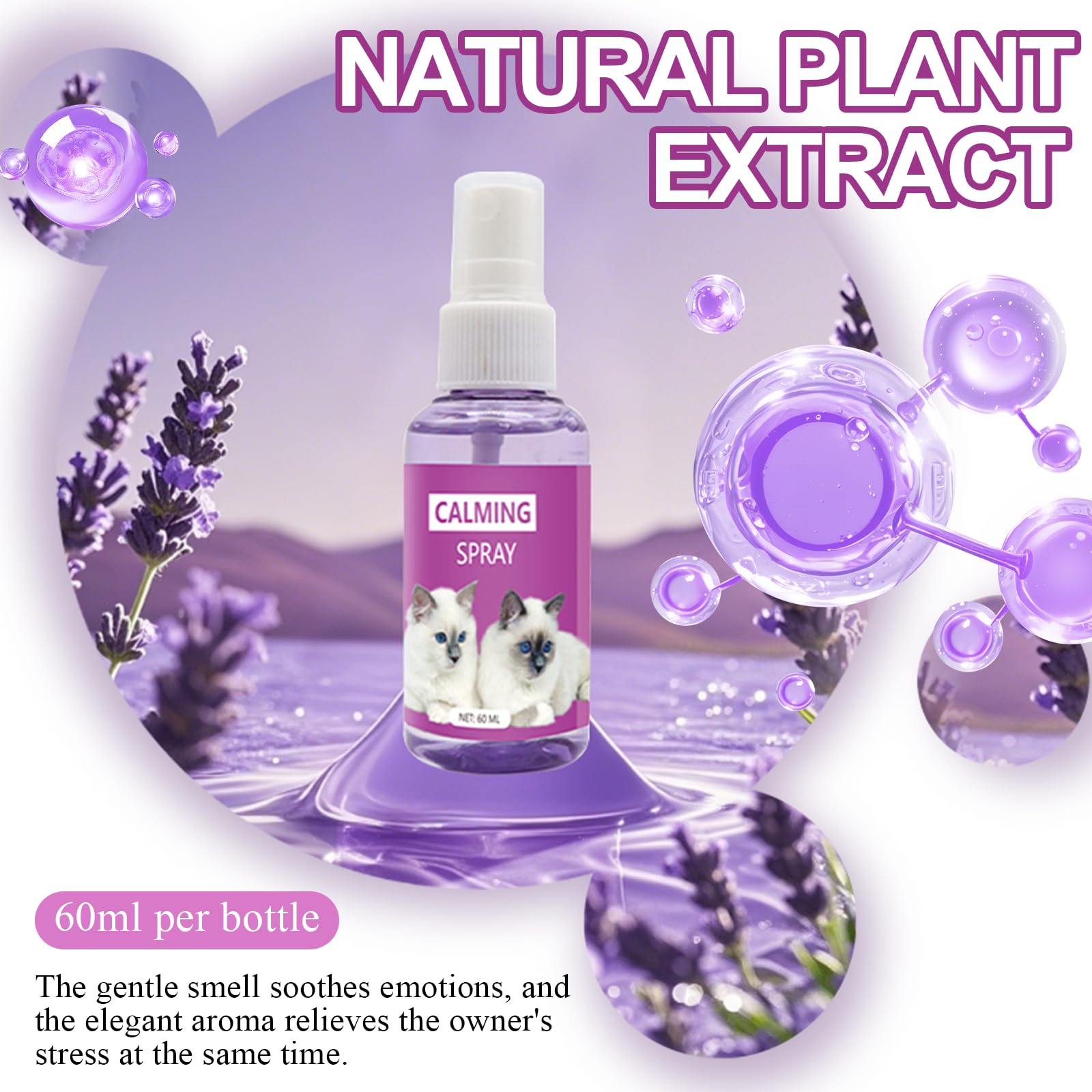 2Pcs*60ml Classic Spray, Haustier Spray, Entspannungsspray, KatzenSpray, Beruhigendes Haustier, Lindert Ängste Stress, Umgebungsspray Für zusätzliche Entpannung, Zuhause und auf Reisen