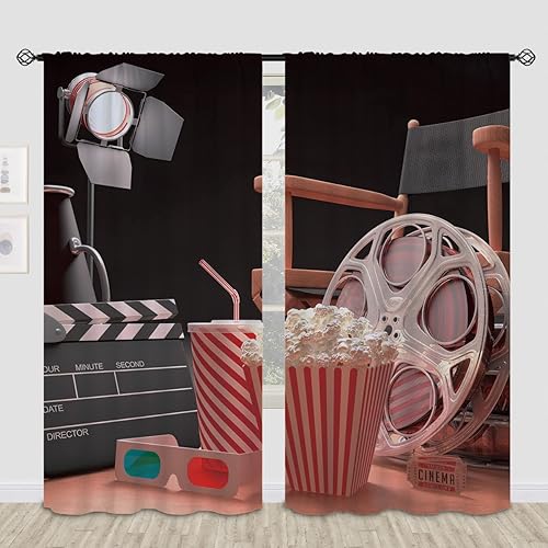 Miniatura 18 de Cortinas opacas de cine para niñas y niños, decoración del hogar, cámara retro, cinematografía, película de cine con bolsillo para barra, cortinas