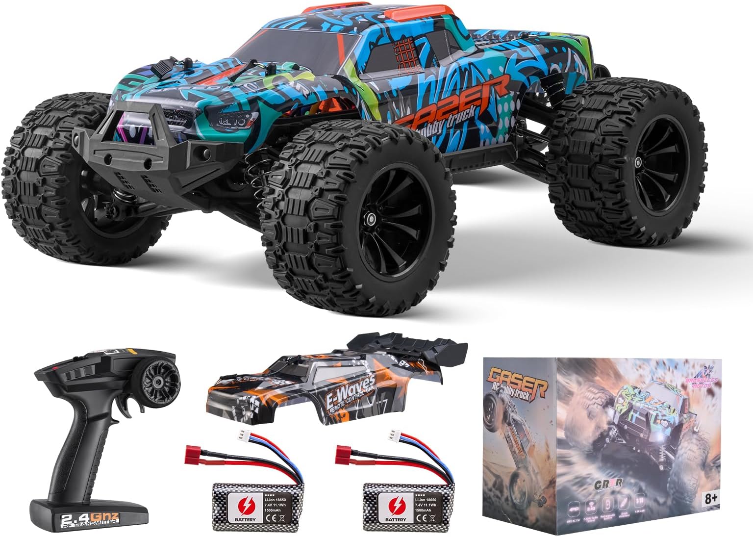 VEVOR 1/14 Scale RC Car, 4WD Off-Road Truck, 45° Wheelie, Stepless Speed, 42 km/h, Hobby RC Car Toy for Kids & Adults, Multicolor