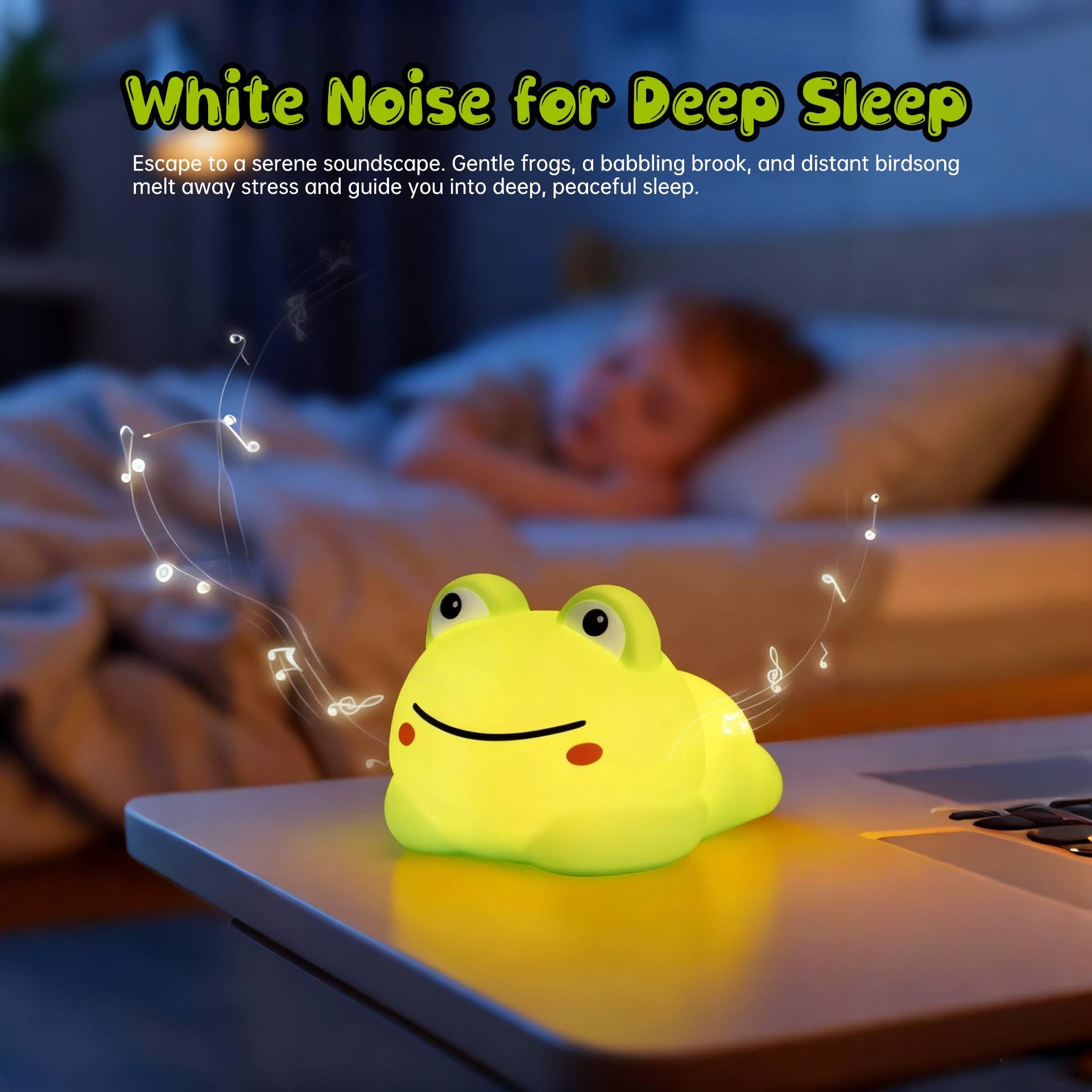 Veilleuse grenouille mignonne avec bruit blanc - 4 sons apaisants et 8 modes d'éclairage, minuterie d'arrêt automatique, rechargeable par USB, aide au sommeil portable pour enfants, adultes, crèches