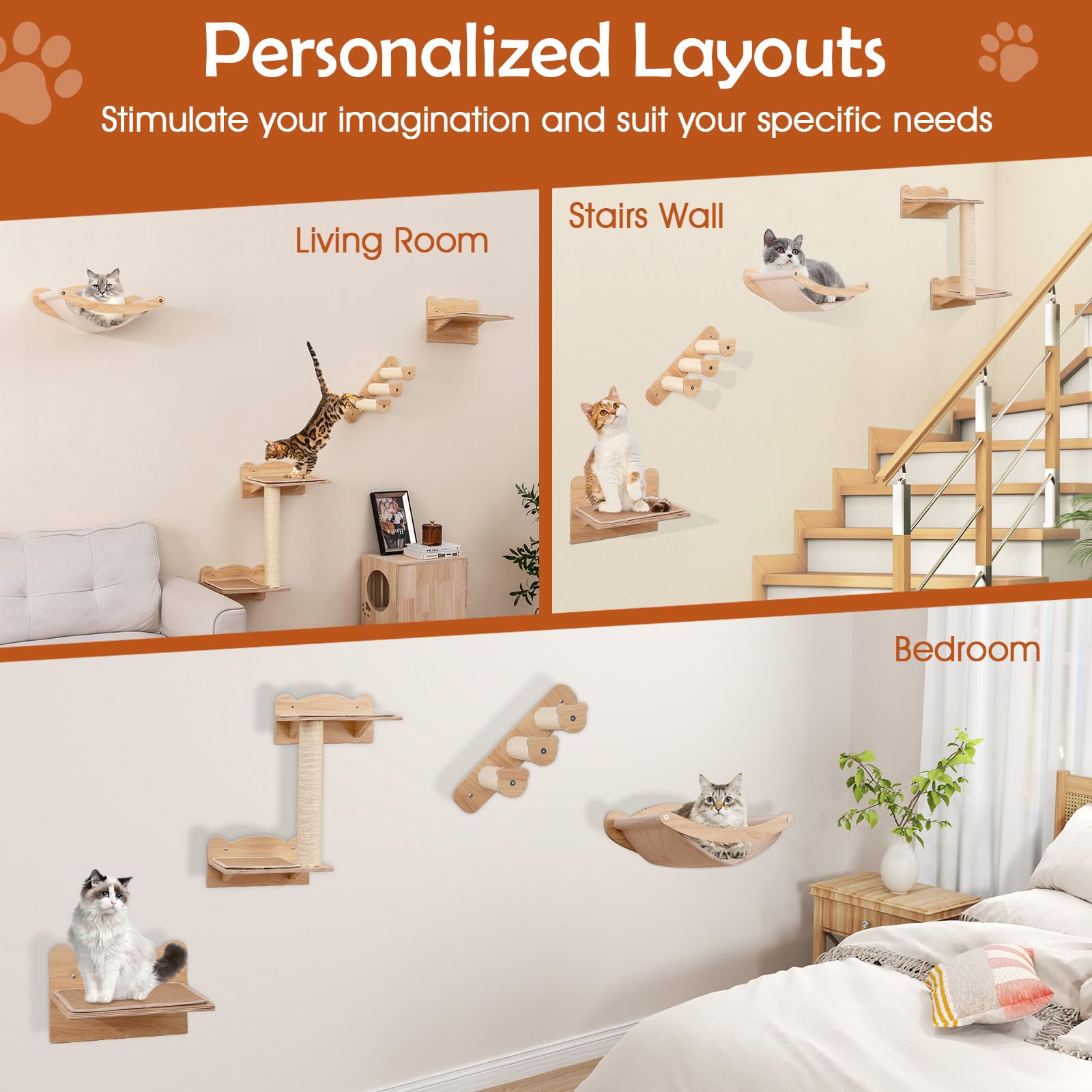 Tangkula Cat Wall Shelves, 4 Pieces Wooden Wall Mounted Kitten Furniture Set with Hammock, 2-Step Cat Tree, Non-Slip Pads, Sisal Stairs & Scratching Posts, Modern Cat Climber Steps (Natural) - image 8
