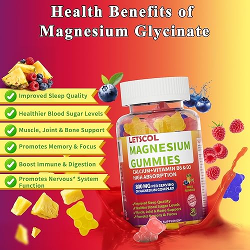 Miniatura 3 de Gomitas de glicinato de magnesio 800 mg por porción, suplemento de magnesio sin azúcar con malato de magnesio, calcio, vitamina D3, B6, CoQ10 para