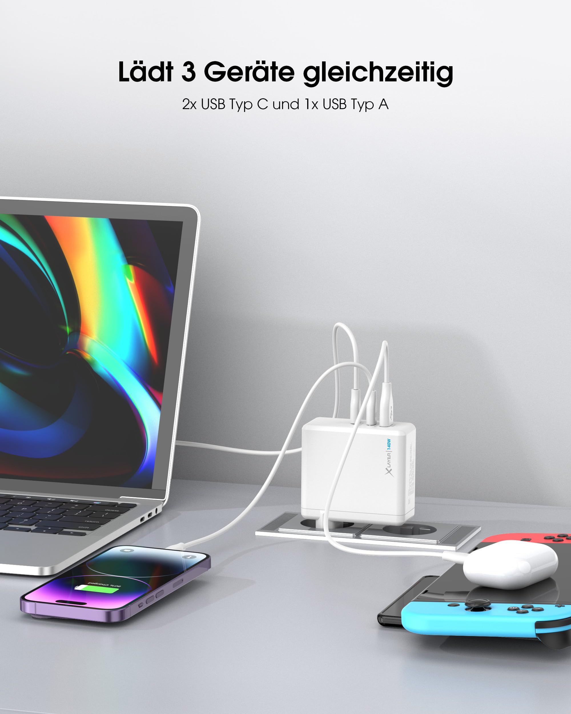 XLayer Powercharger - Caricatore rapido USB-C I 140 W PD I GaN Charger I 3 porte I compatibile con MacBook Pro/Air, iPhone 16 15 Pro Max/15/14 Pro Max/14/13, iPad Pro, Galaxy S23 Ultra/S22, Lenovo