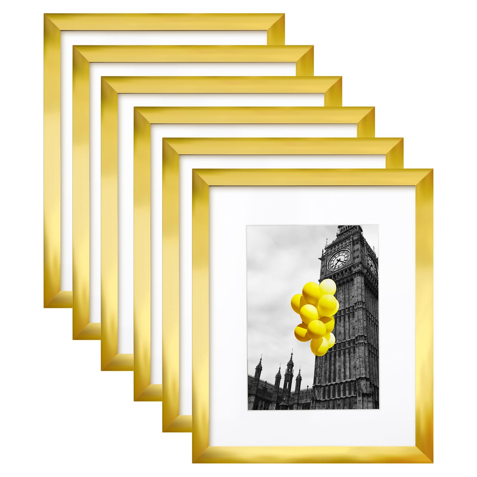 BSRHOME 8X10 Modern Gold Picture Frame, 6 Pack Photo Frames for Gallery Wall, Display Pictures 5x7 with Mat or 8x10 Without Mat for Tabletop Display