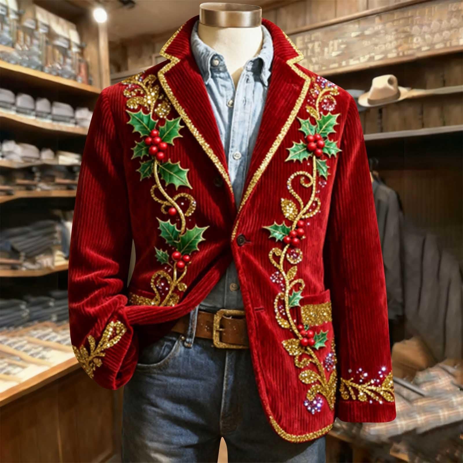 Świąteczna męska kurtka sztruksowa w stylu vintage Święty Mikołaj renifer kurtka z długim rękawem zapinana na guziki klapy świąteczne płaszcze świąteczne odzież robocza na co dzień odzież świąteczna