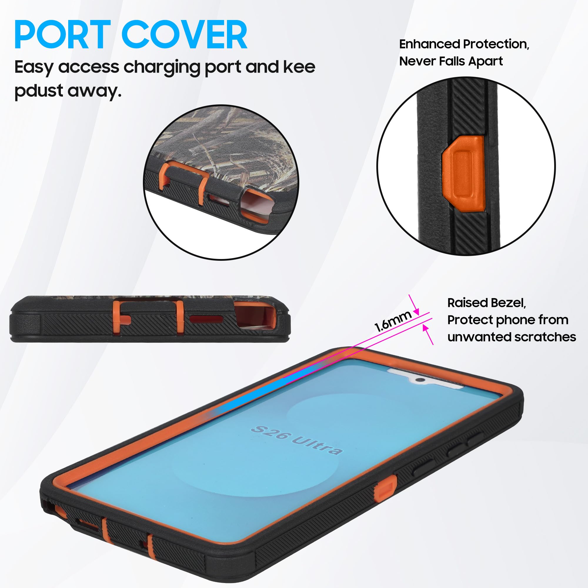 Funda compatible con Samsung Galaxy S26 Plus con protector de pantalla integrado, funda de clip para cinturón, resistente a los golpes, cubierta resistente de cuerpo completo, camuflaje